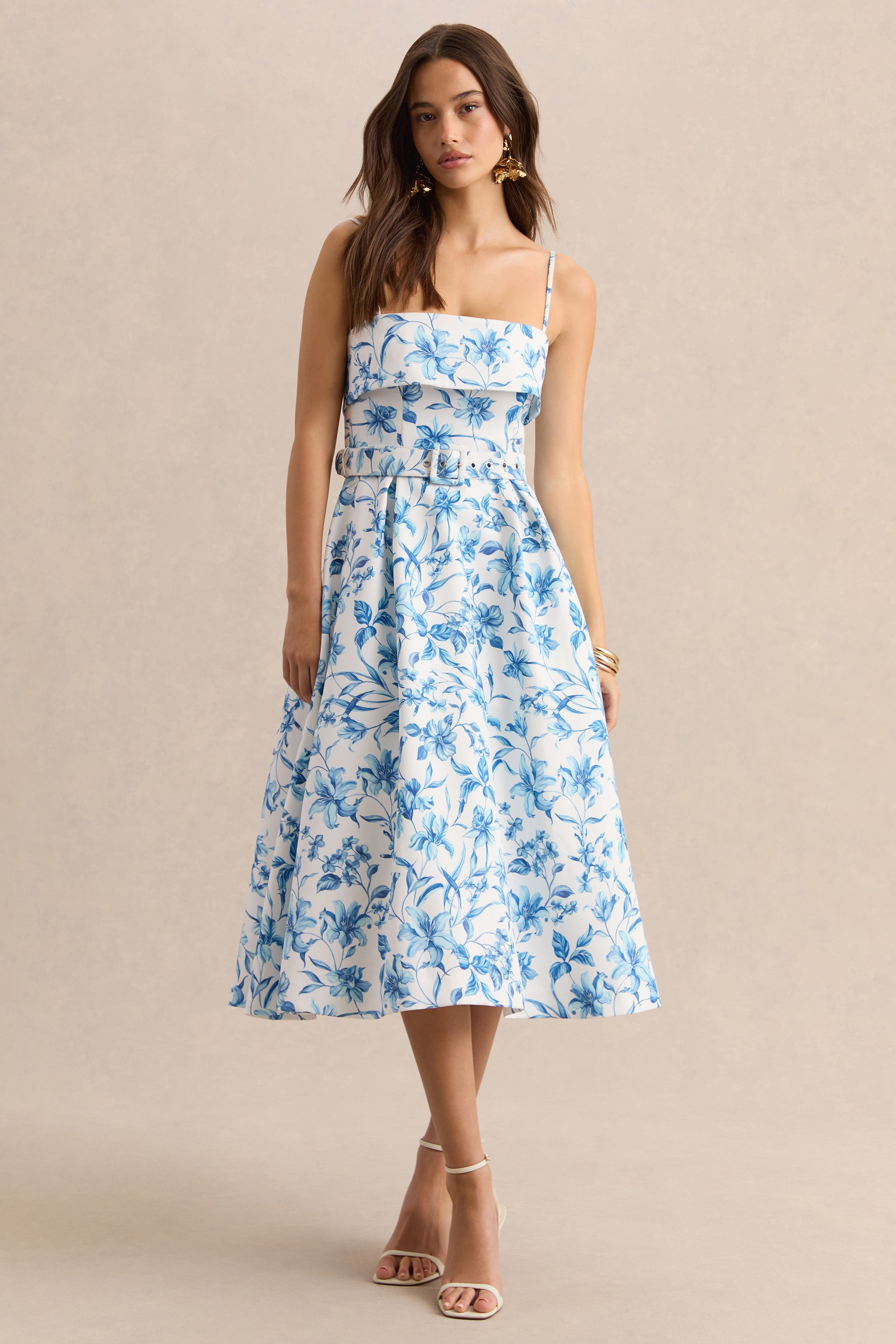 Devina | Blue Porcelain Print Square-Neck Belted Midi-Dress
