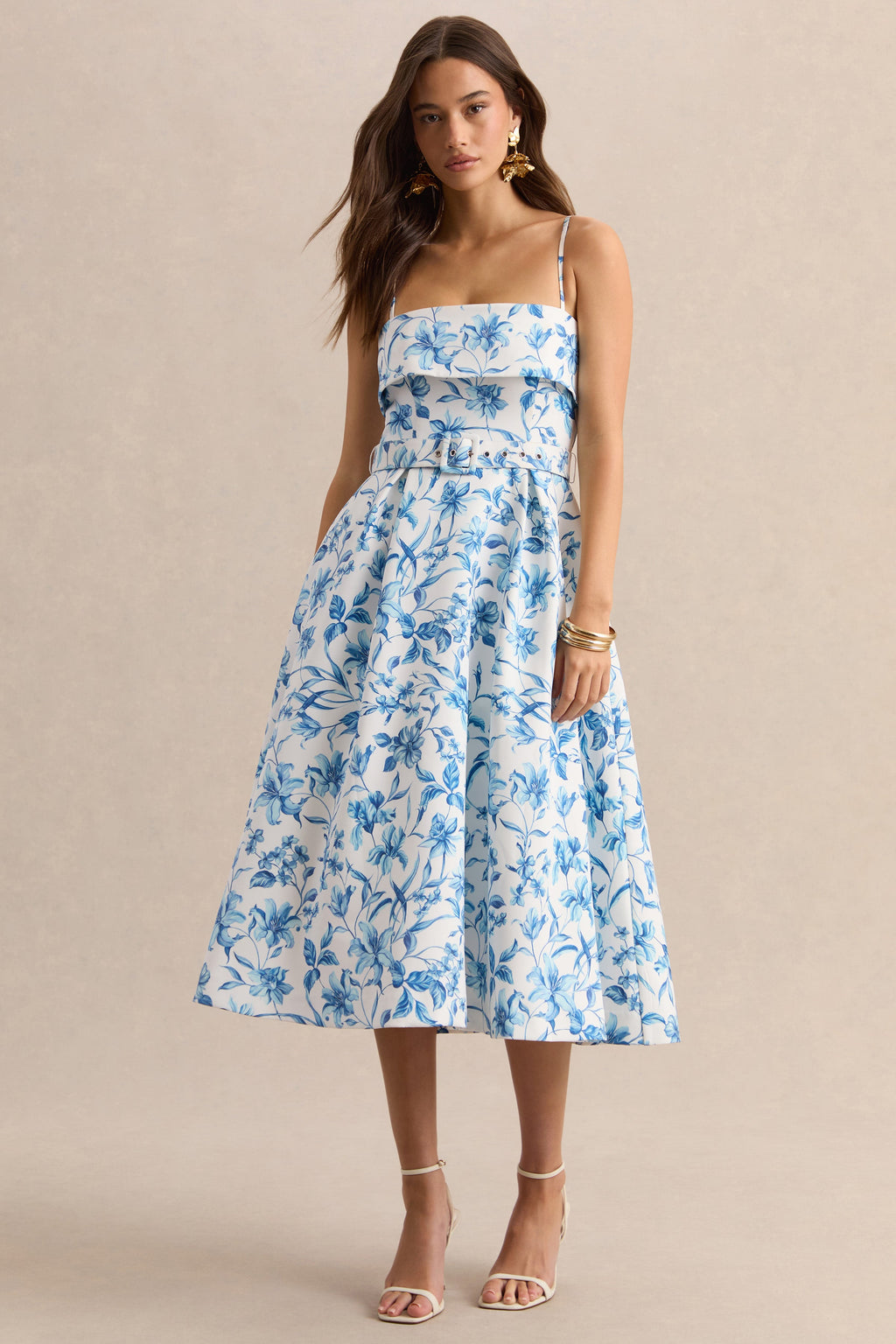 Devina | Blue Porcelain Print Square-Neck Belted Midi-Dress