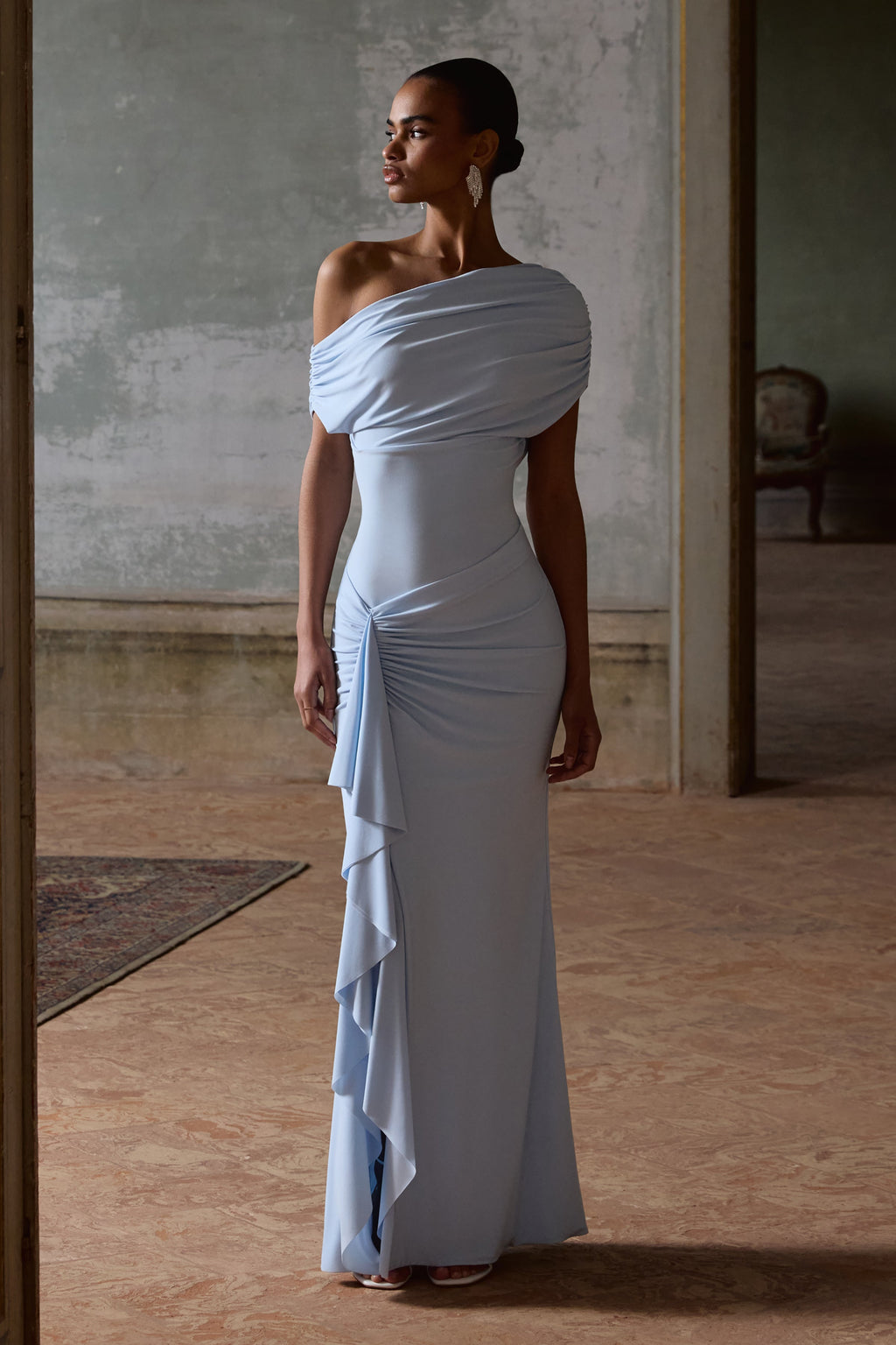 Siora | Powder Blue Asymmetric-Neck Maxi Dress With Draped-Detailing