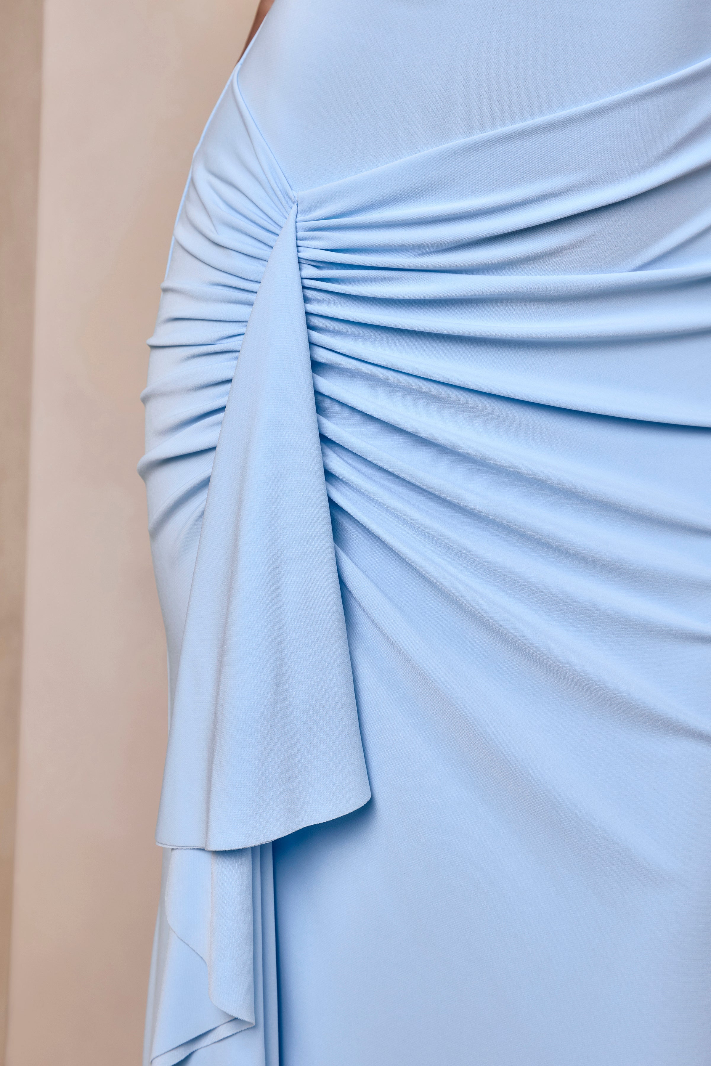 Siora | Powder Blue Asymmetric-Neck Maxi Dress With Draped-Detailing