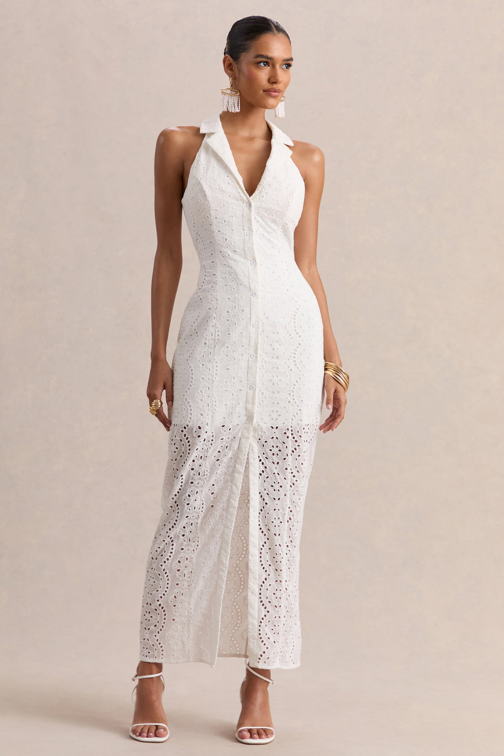 Tover | White Broderie Plunge-Neck Maxi Dress