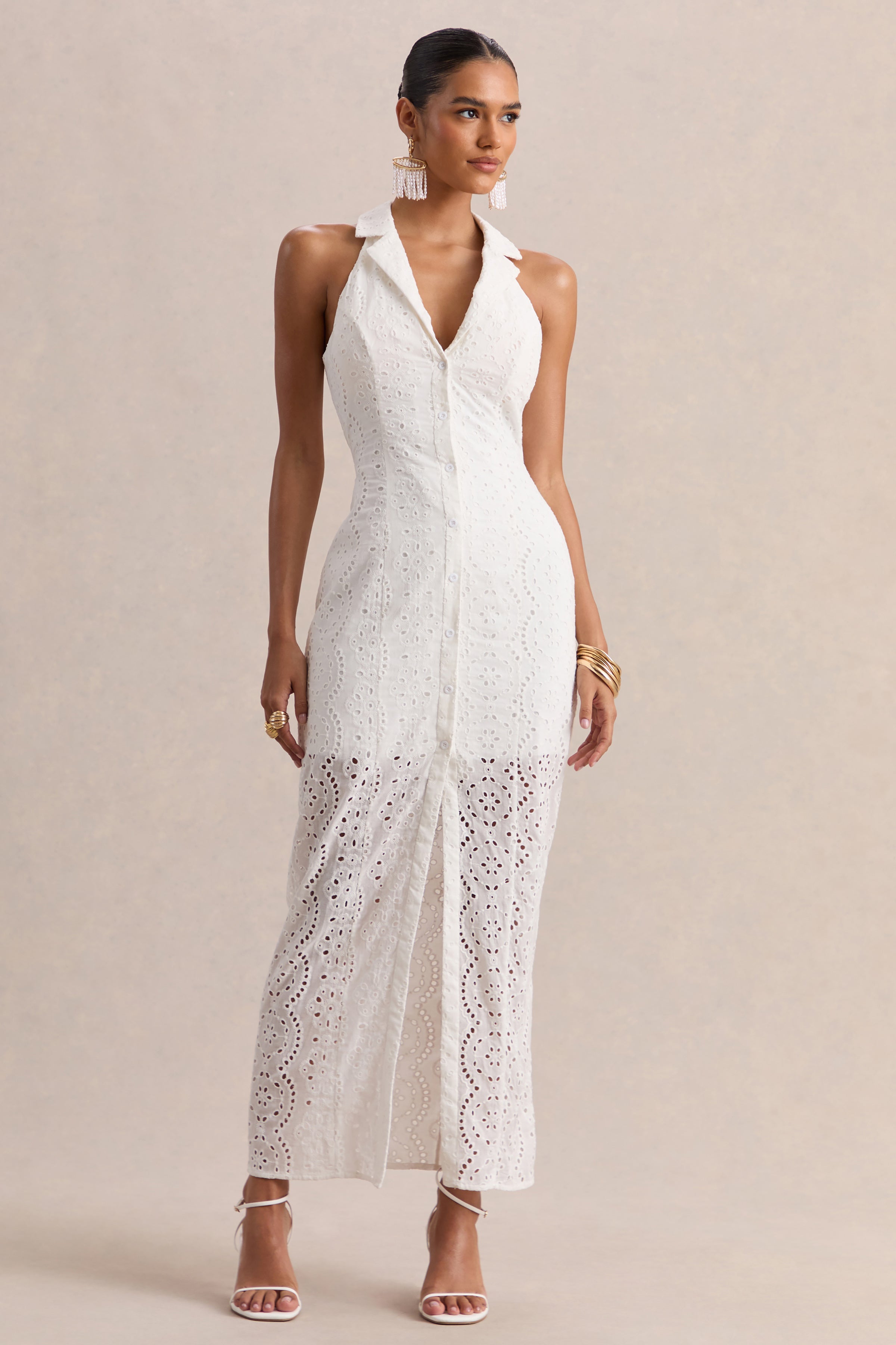 Tover | White Broderie Plunge-Neck Maxi Dress