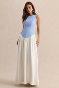 Iliana | Powder Blue And White Crew-Neck Maxi Dress With Drop-Waist And Pleated Skirt