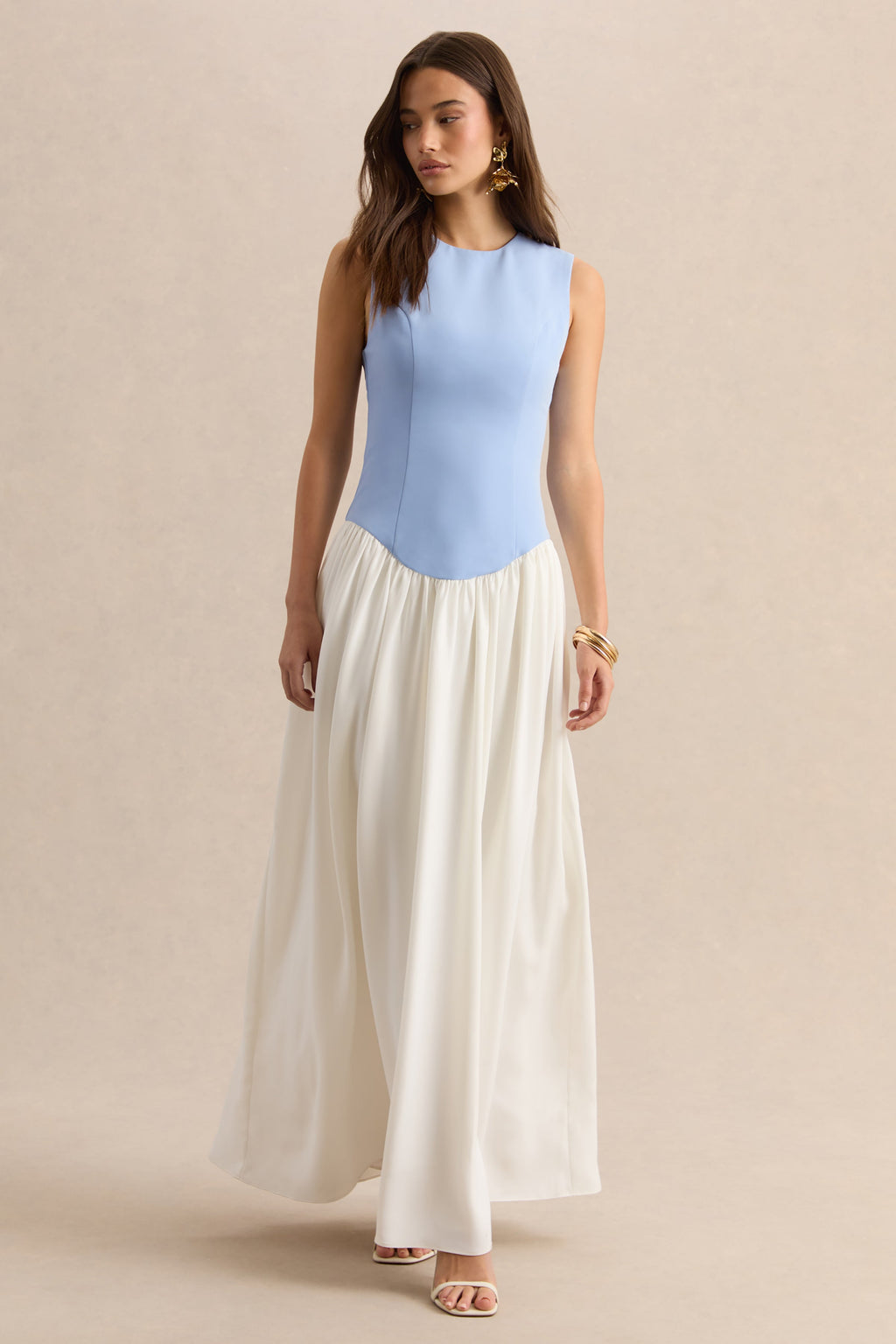 Iliana | Powder Blue And White Crew-Neck Maxi Dress With Drop-Waist And Pleated Skirt