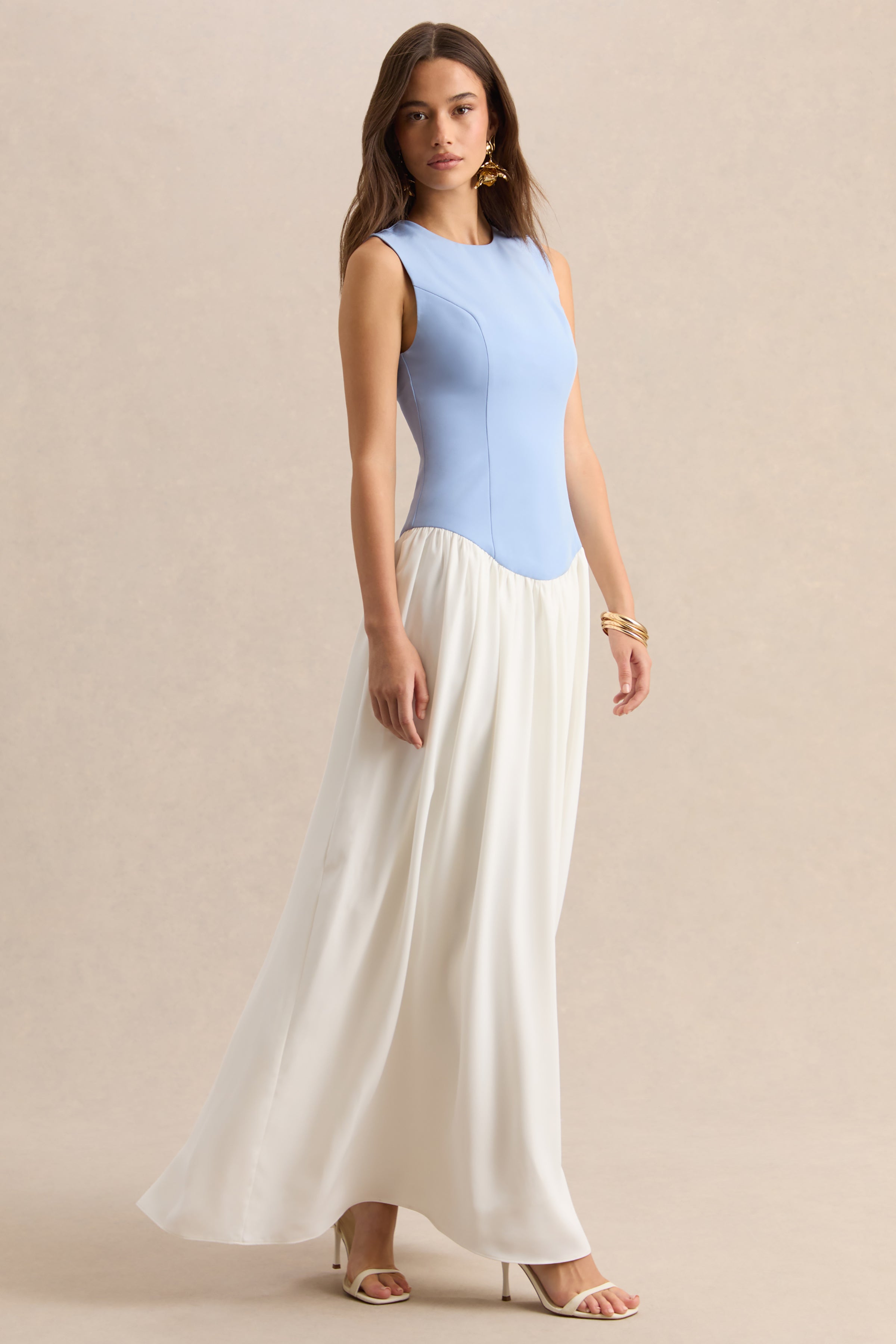 Iliana | Powder Blue And White Crew-Neck Maxi Dress With Drop-Waist And Pleated Skirt