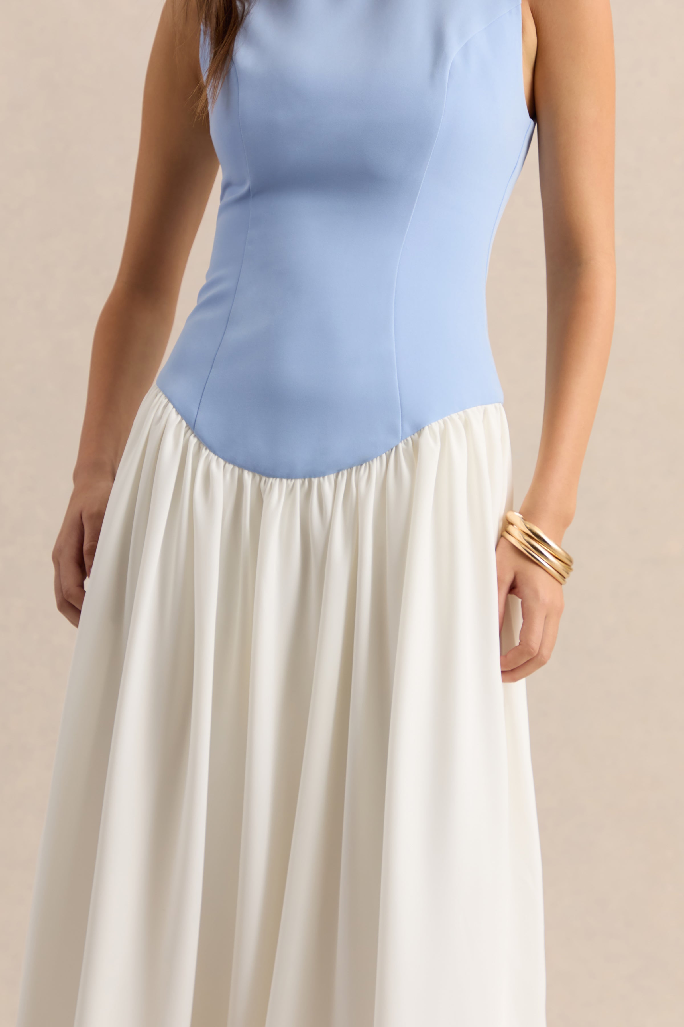 Iliana | Powder Blue And White Crew-Neck Maxi Dress With Drop-Waist And Pleated Skirt