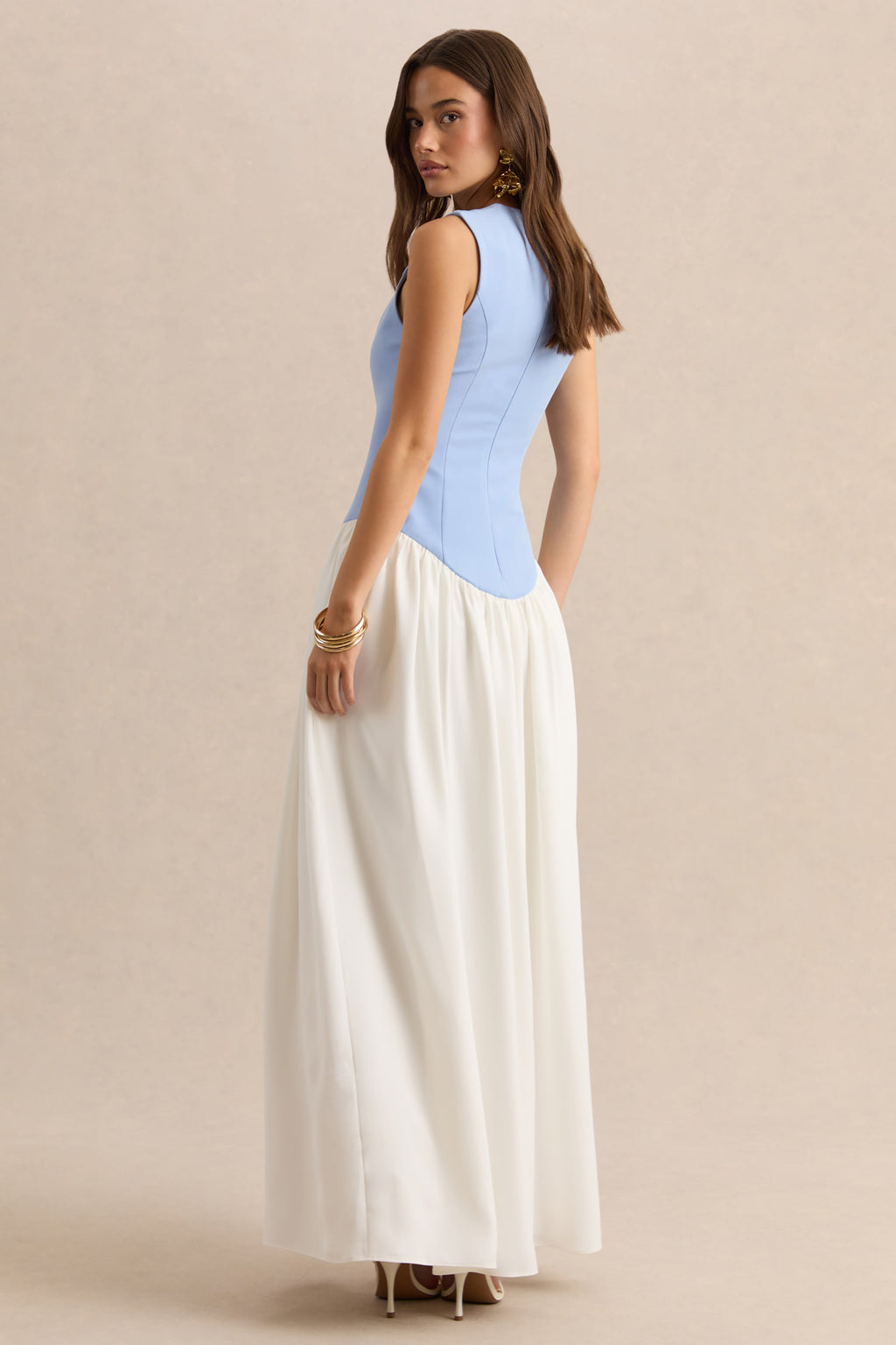 Iliana | Powder Blue And White Crew-Neck Maxi Dress With Drop-Waist And Pleated Skirt