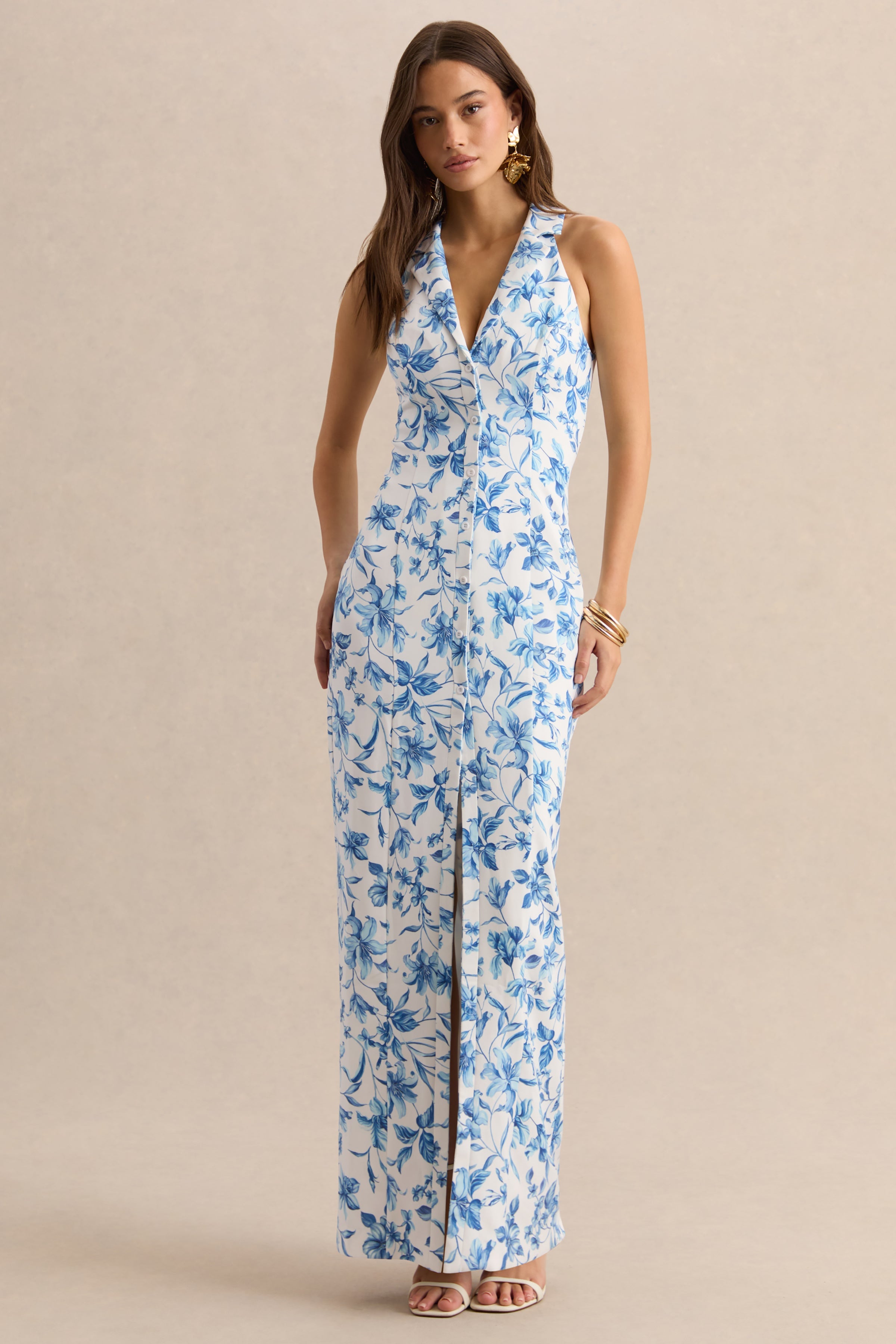 Quinn | Blue Porcelain Print Plunge-Neck Tailored Maxi Dress