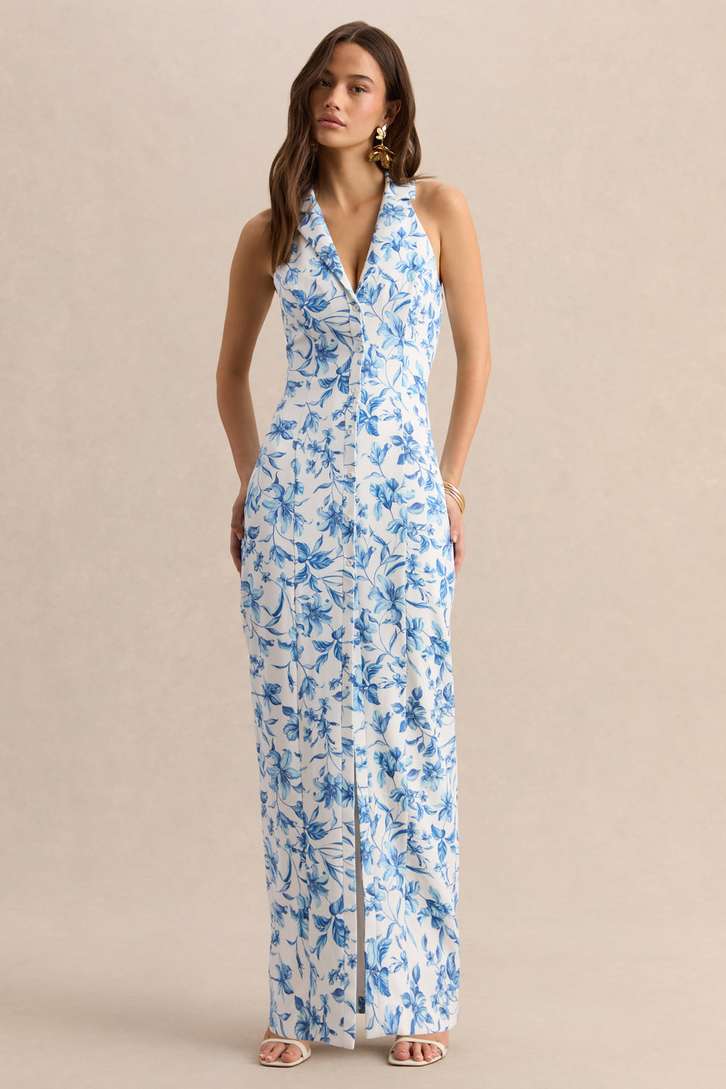 Quinn | Blue Porcelain Print Plunge-Neck Tailored Maxi Dress