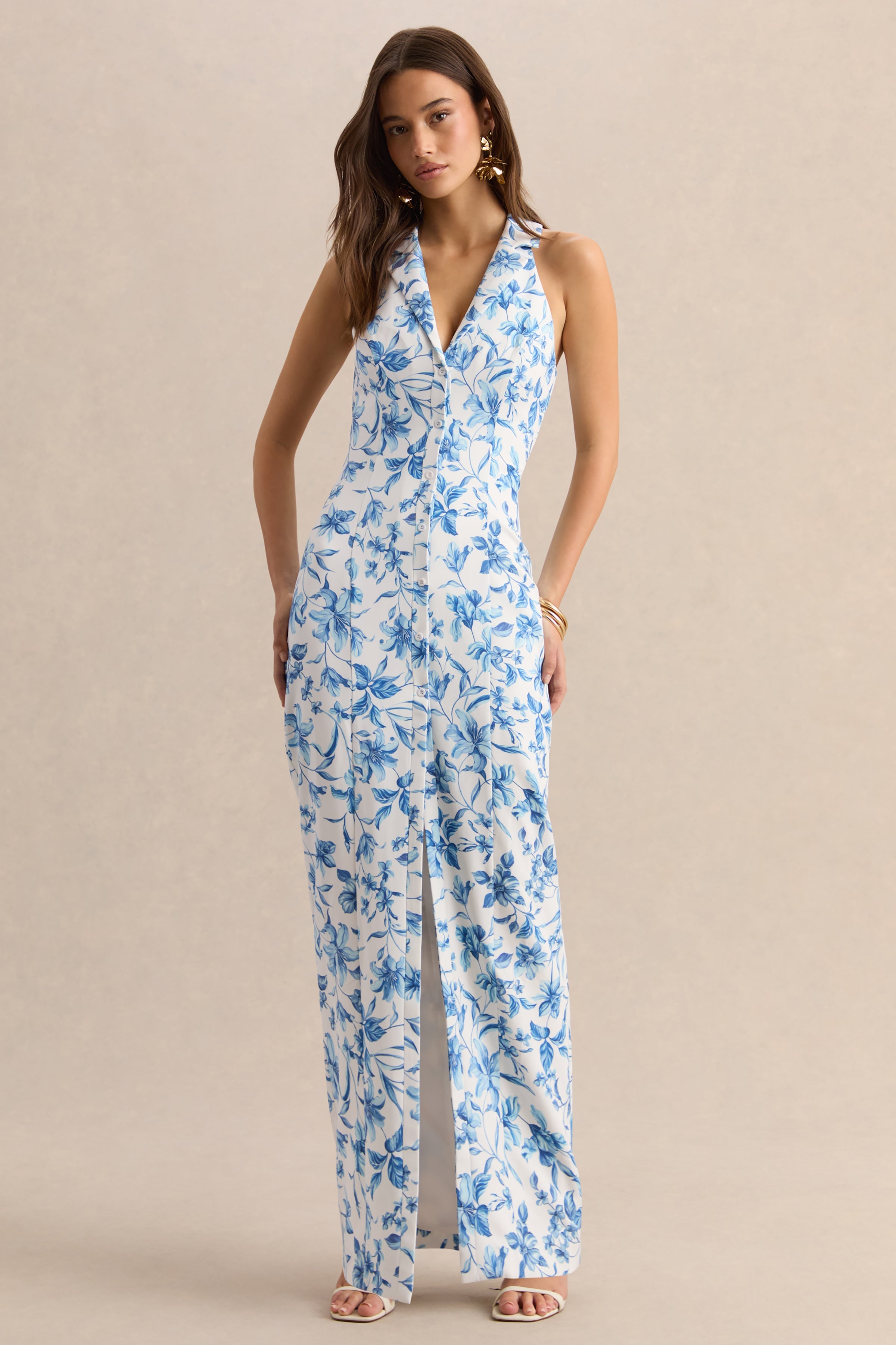 Quinn | Blue Porcelain Print Plunge-Neck Tailored Maxi Dress