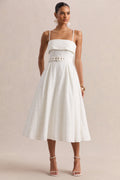 Zoeva | Cream Broderie Square-Neck Belted Midi Dress