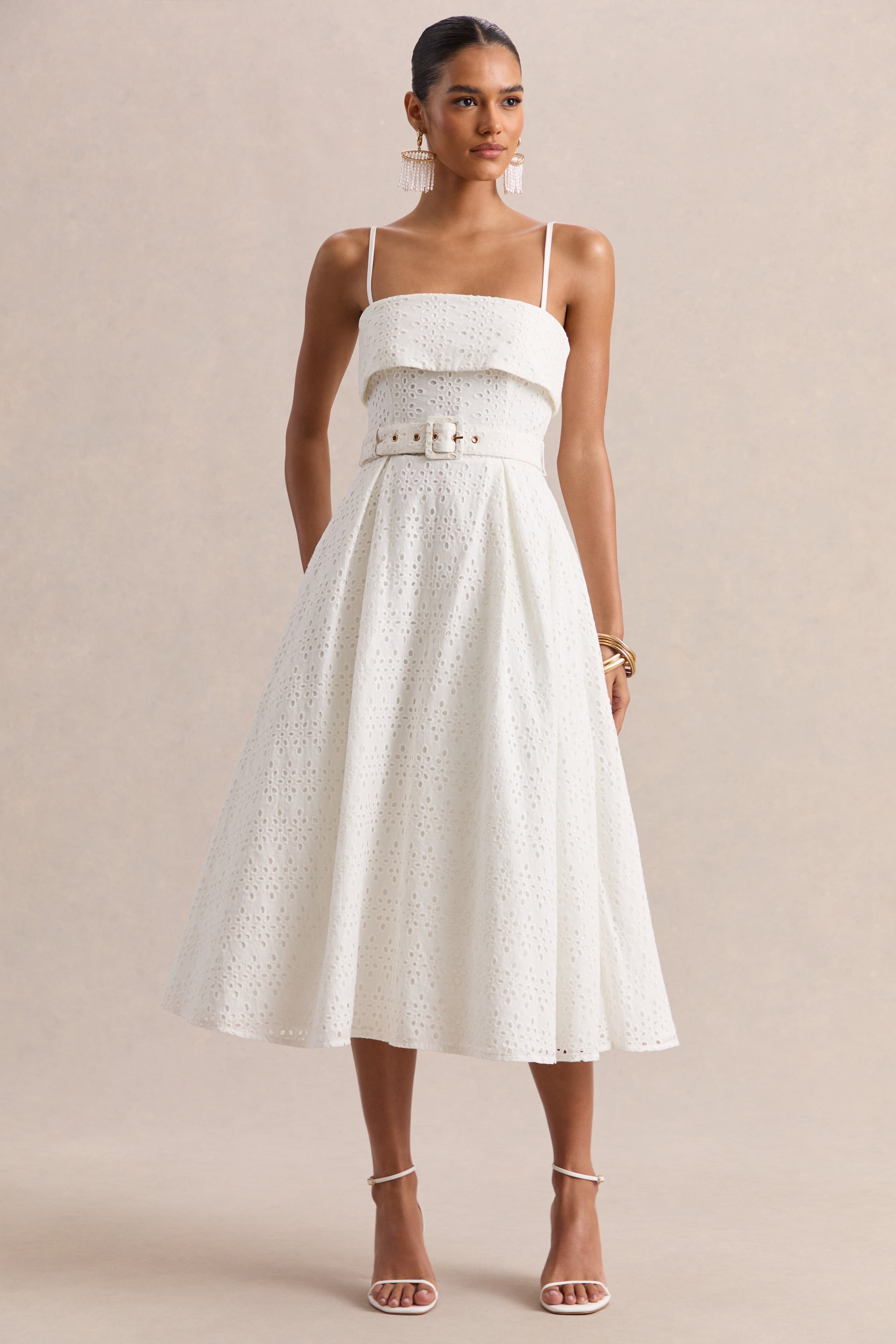 Zoeva | Cream Broderie Square-Neck Belted Midi Dress