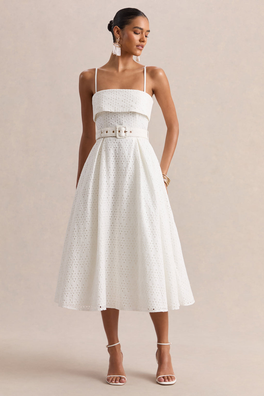 Zoeva | Cream Broderie Square-Neck Belted Midi Dress