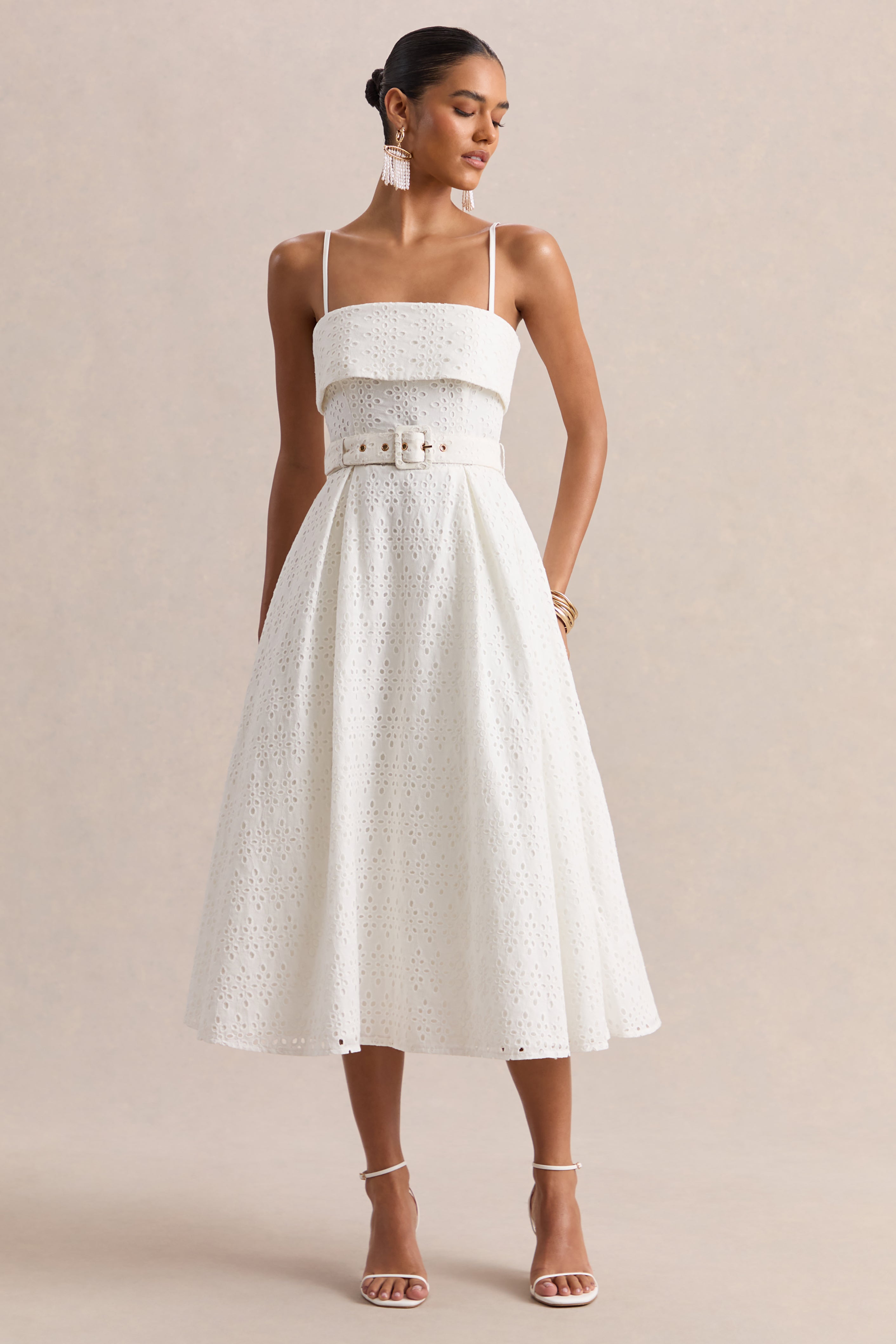Zoeva | Cream Broderie Square-Neck Belted Midi Dress