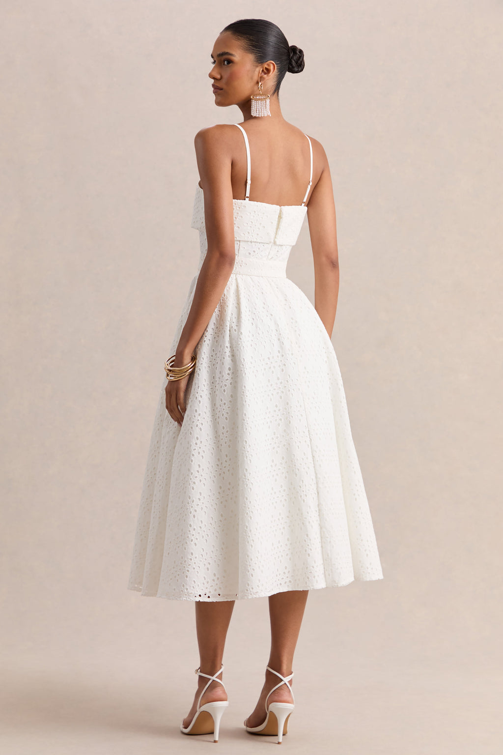 Zoeva | Cream Broderie Square-Neck Belted Midi Dress