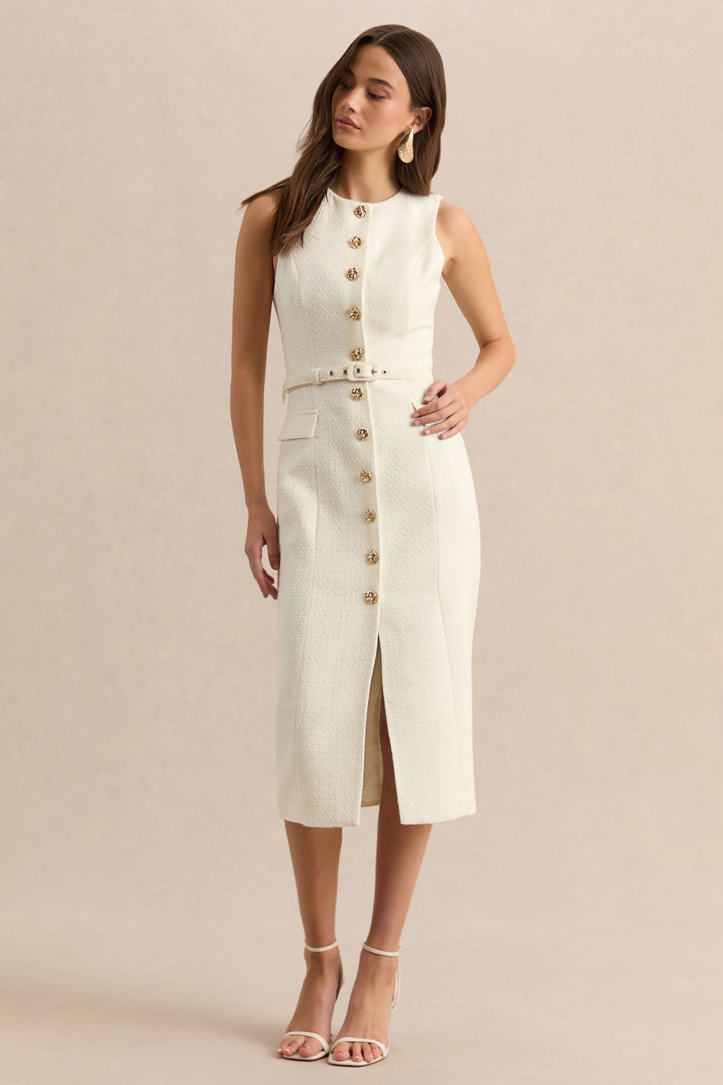 Clea | Cream Crew-Neck Belted Midi Dress With Front-Pockets