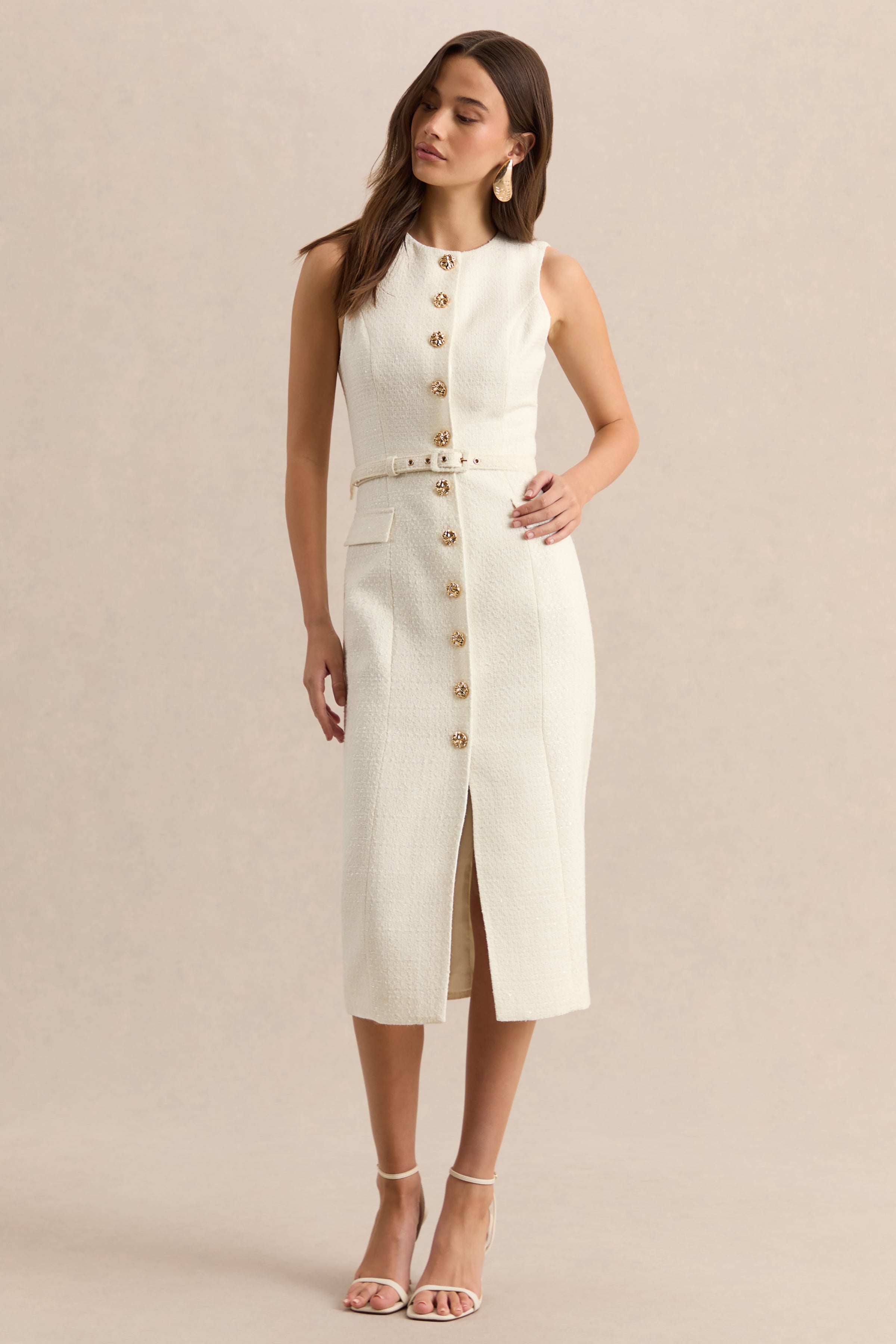 Clea | Cream Crew-Neck Belted Midi Dress With Front-Pockets