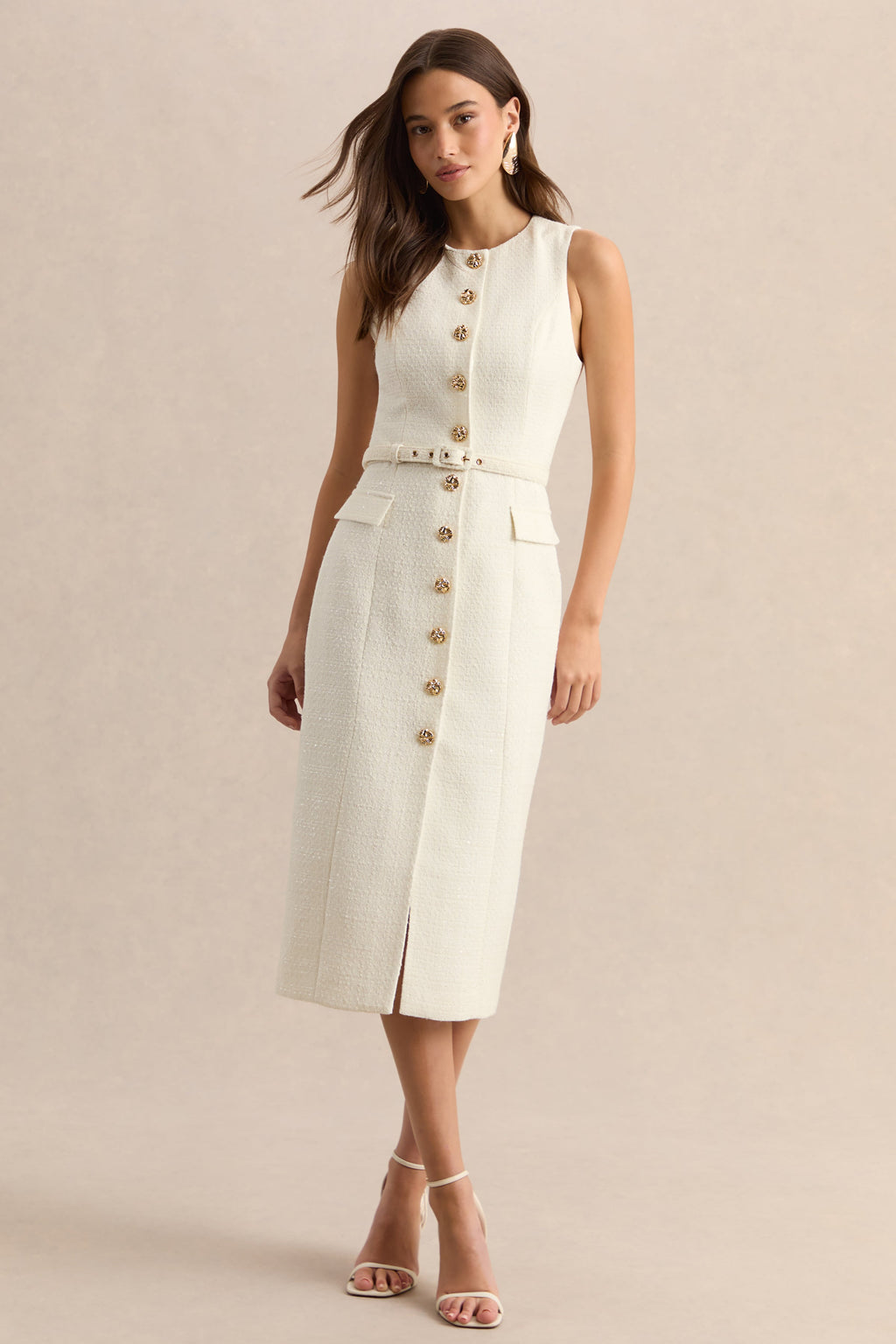 Clea | Cream Crew-Neck Belted Midi Dress With Front-Pockets