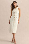 Clea | Cream Crew-Neck Belted Midi Dress With Front-Pockets