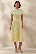 Zalie | Yellow Lace High-Neck Belted Midi Dress