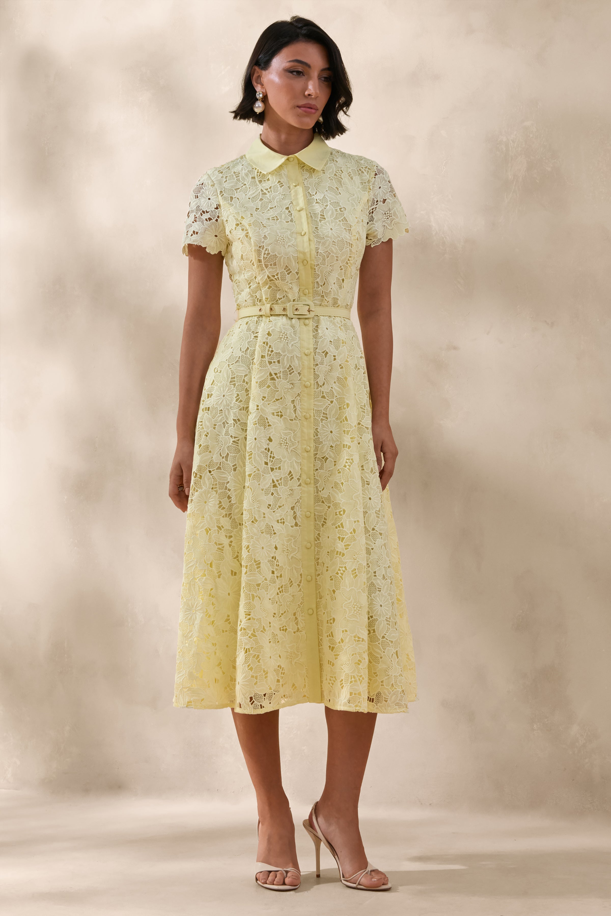 Zalie | Yellow Lace High-Neck Belted Midi Dress