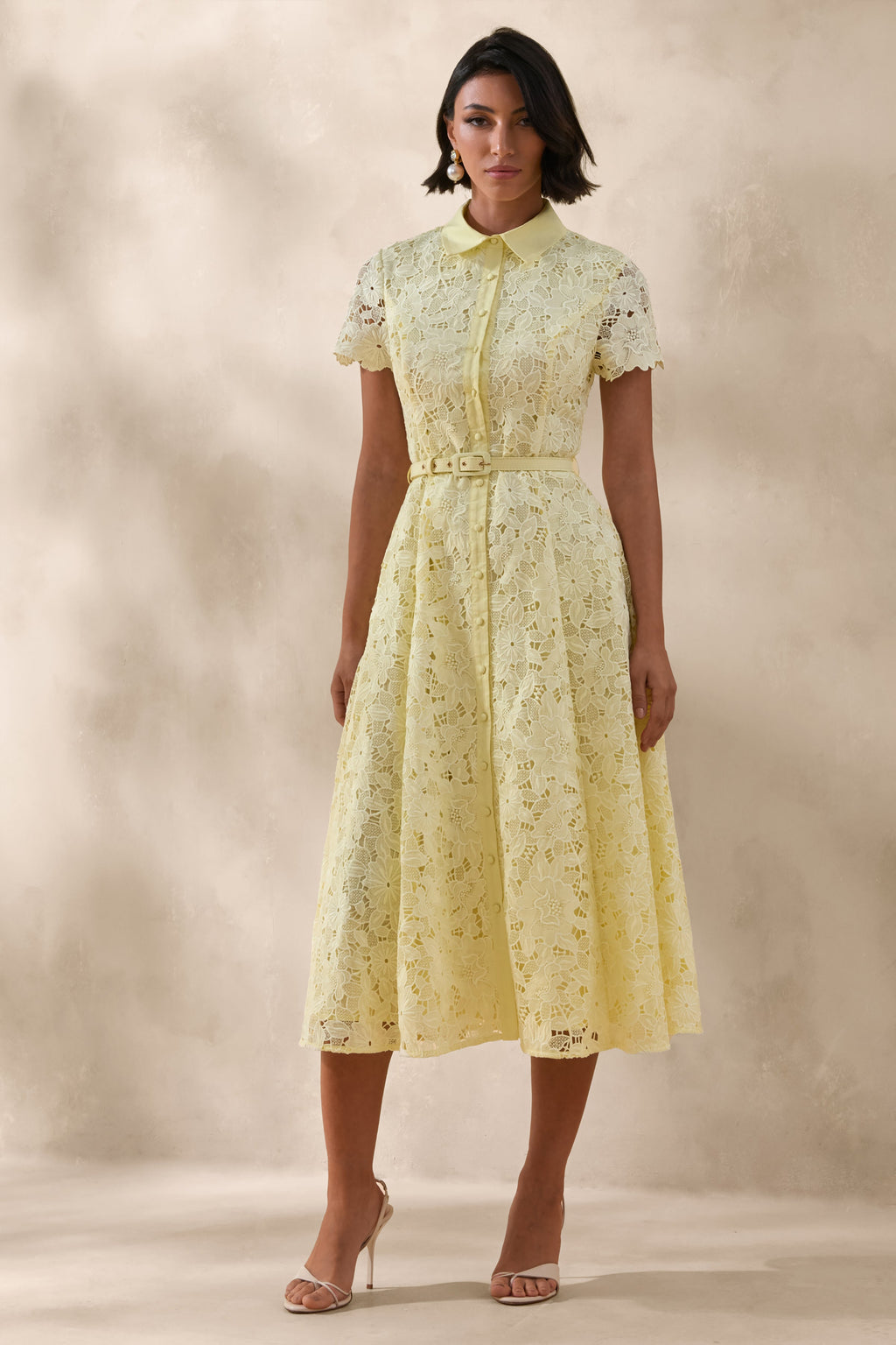 Zalie | Yellow Lace High-Neck Belted Midi Dress