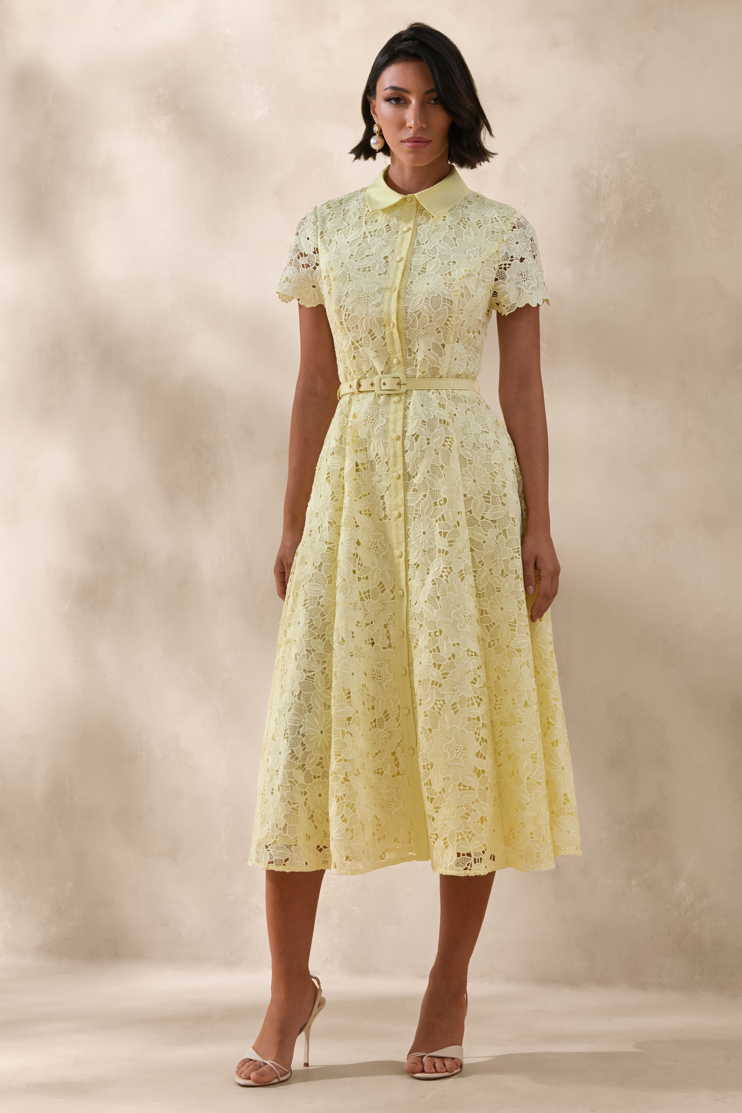 Zalie | Yellow Lace High-Neck Belted Midi Dress