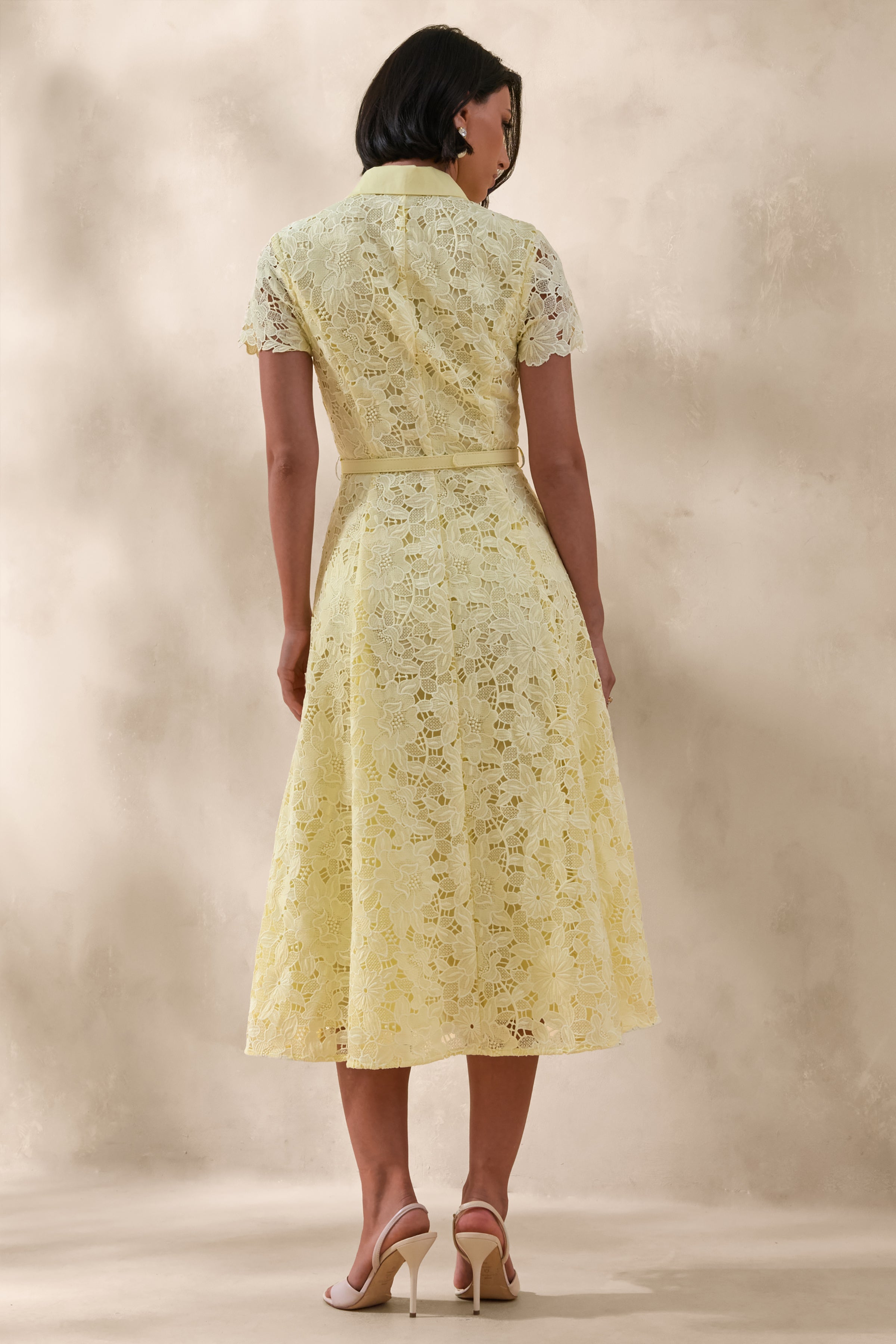 Zalie | Yellow Lace High-Neck Belted Midi Dress