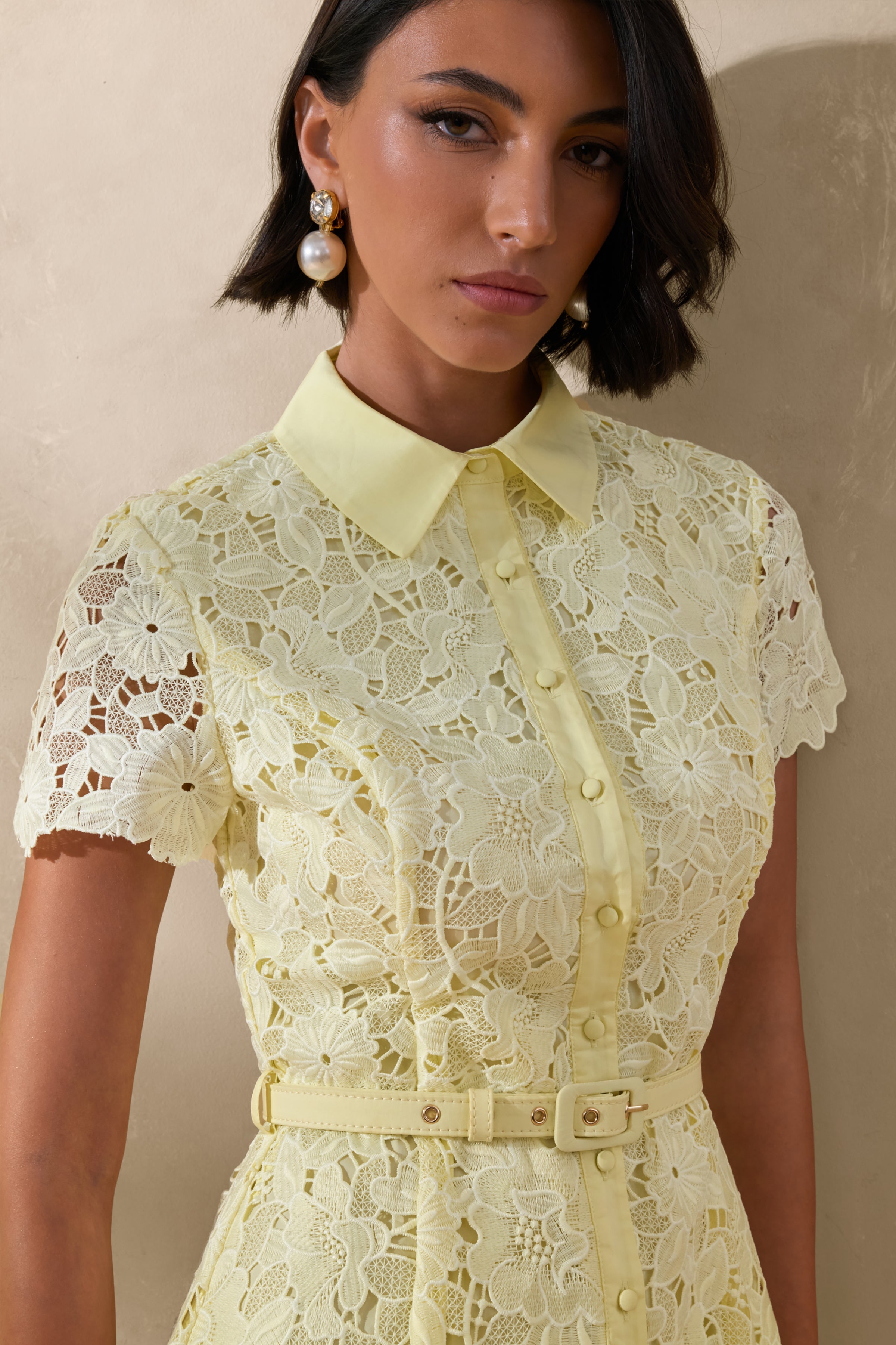 Zalie | Yellow Lace High-Neck Belted Midi Dress