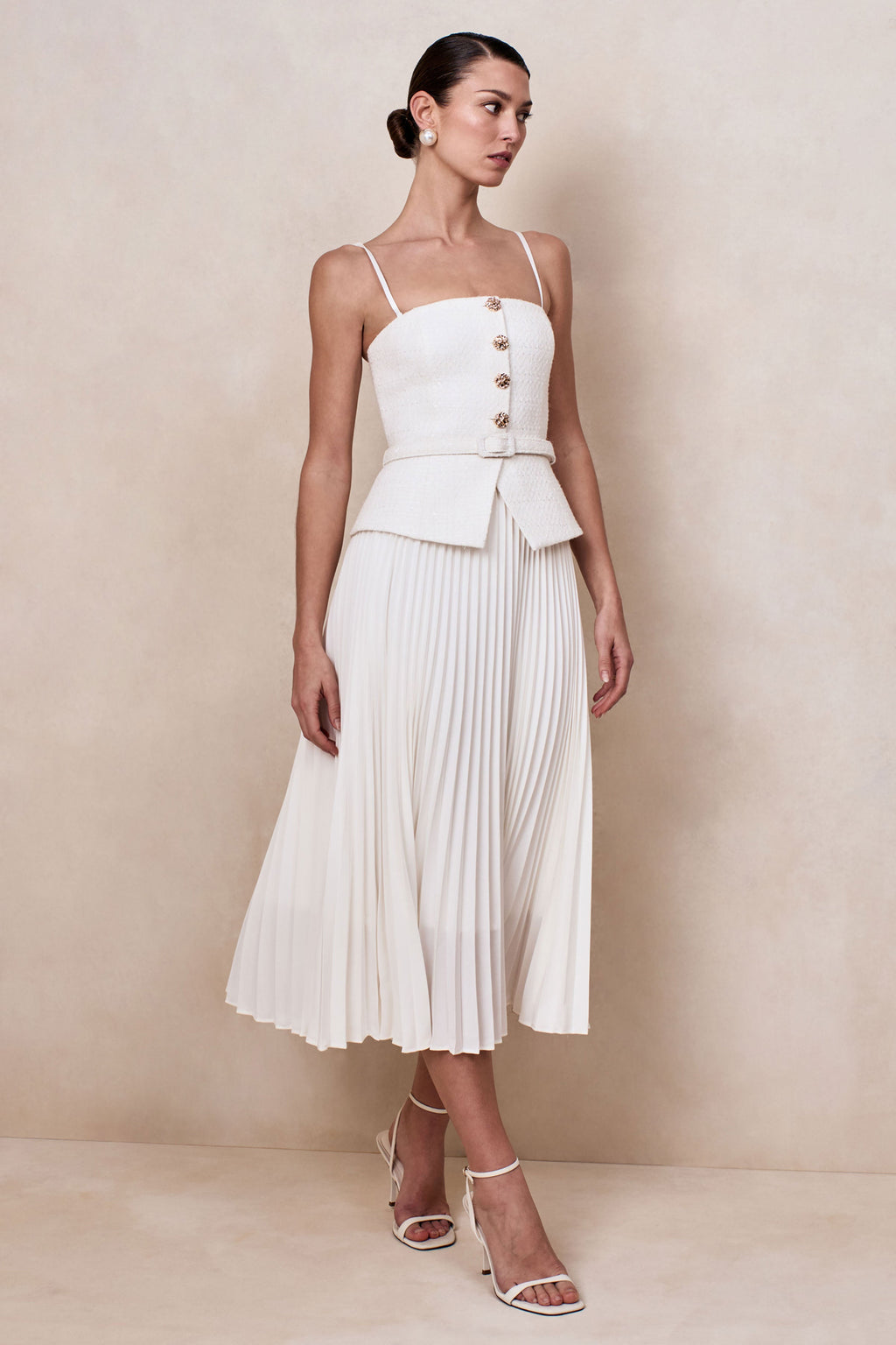 Lizzy | Cream Square-Neck Midi Dress With Pleated-Skirt