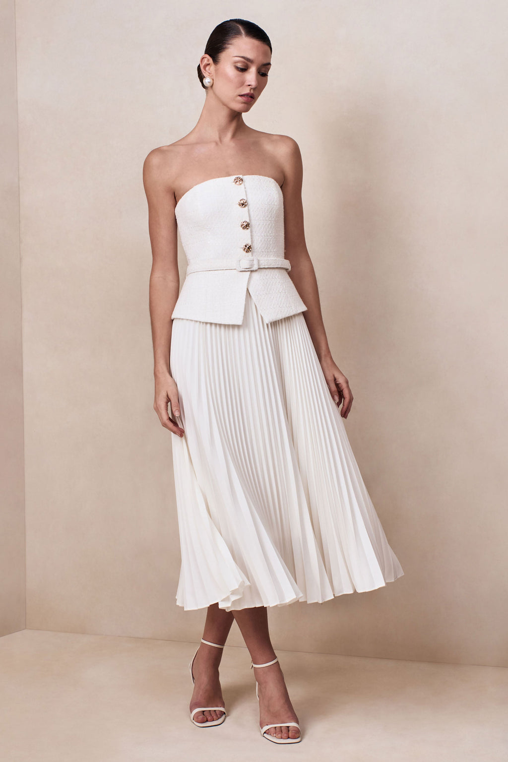 Lizzy | Cream Square-Neck Midi Dress With Pleated-Skirt