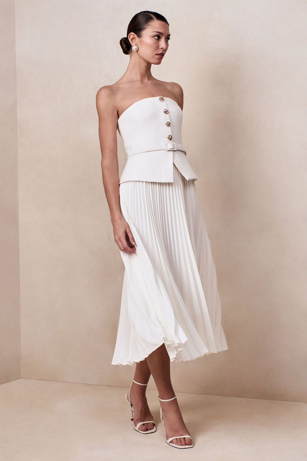 Lizzy | Cream Square-Neck Midi Dress With Pleated-Skirt