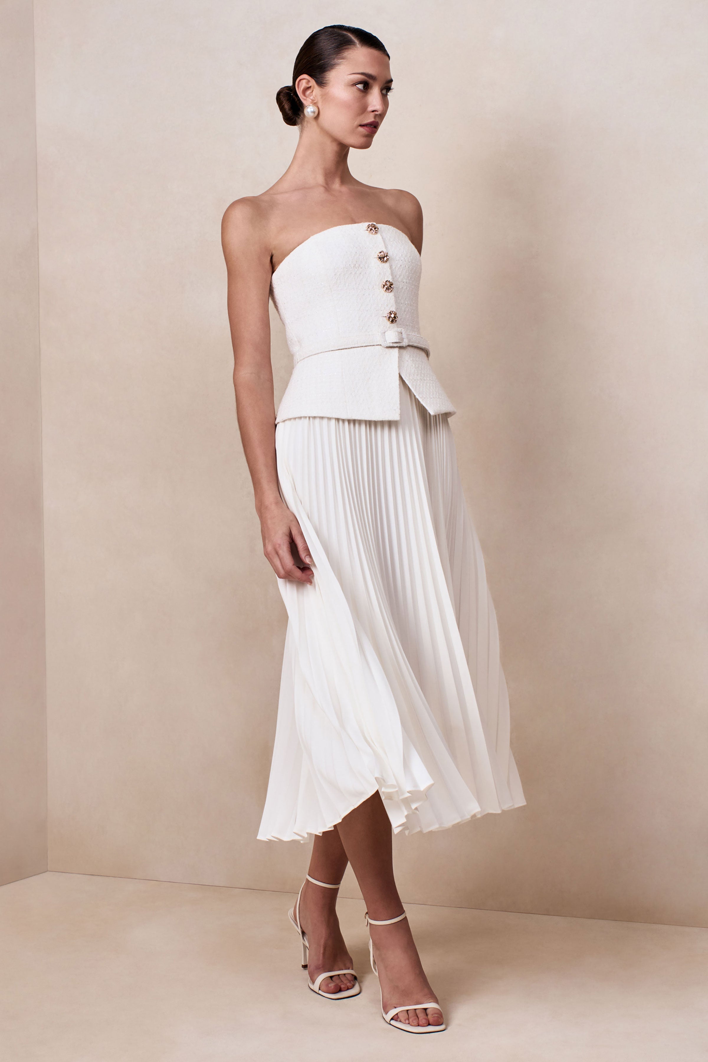 Lizzy | Cream Square-Neck Midi Dress With Pleated-Skirt