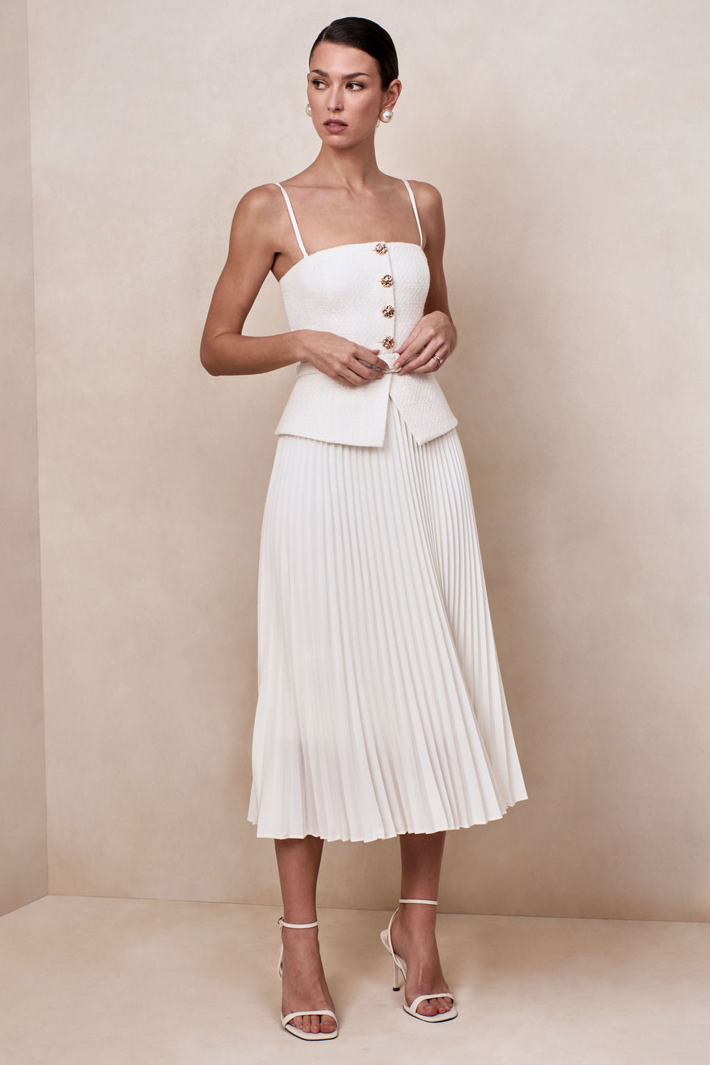 Lizzy | Cream Square-Neck Midi Dress With Pleated-Skirt