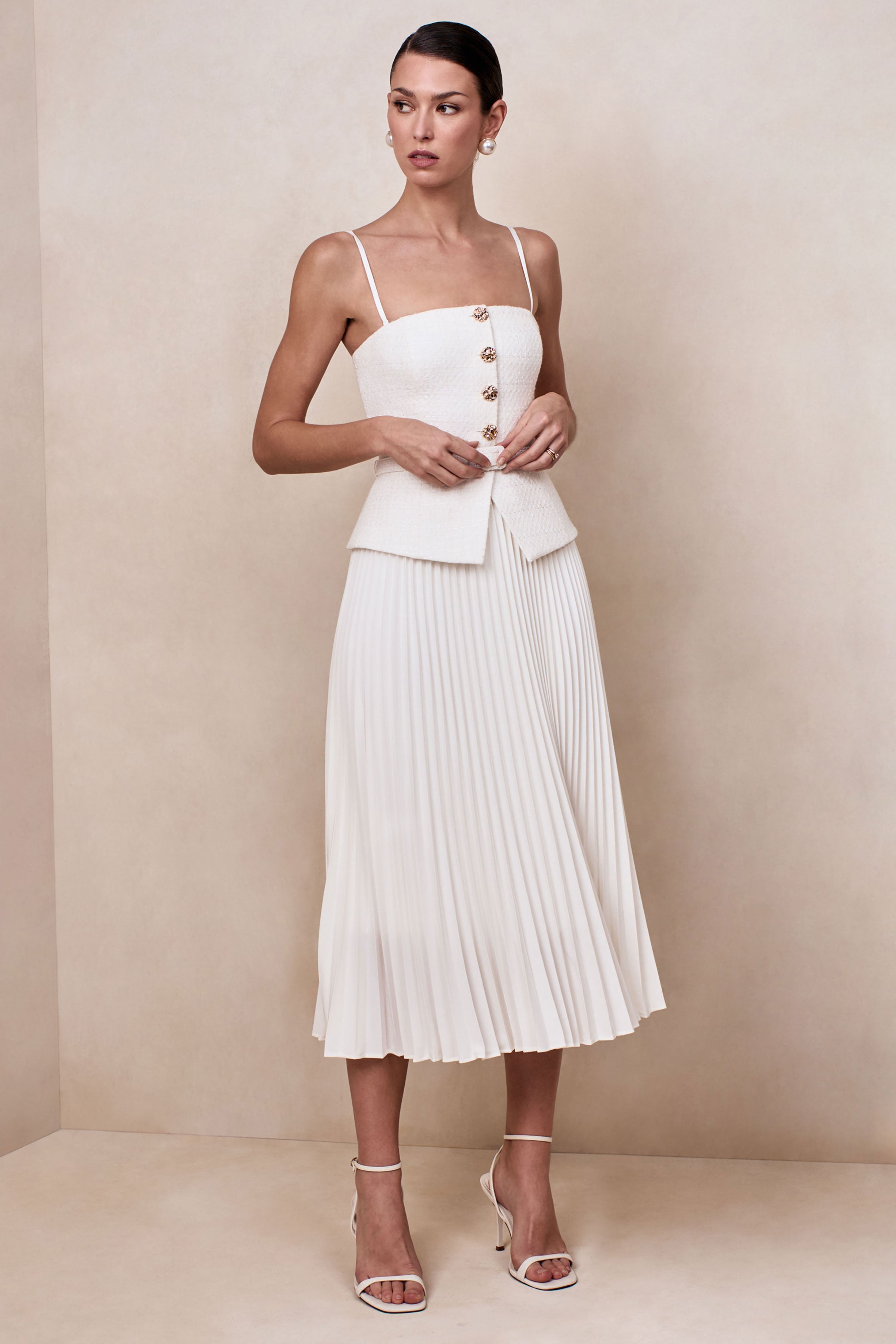 Lizzy | Cream Square-Neck Midi Dress With Pleated-Skirt