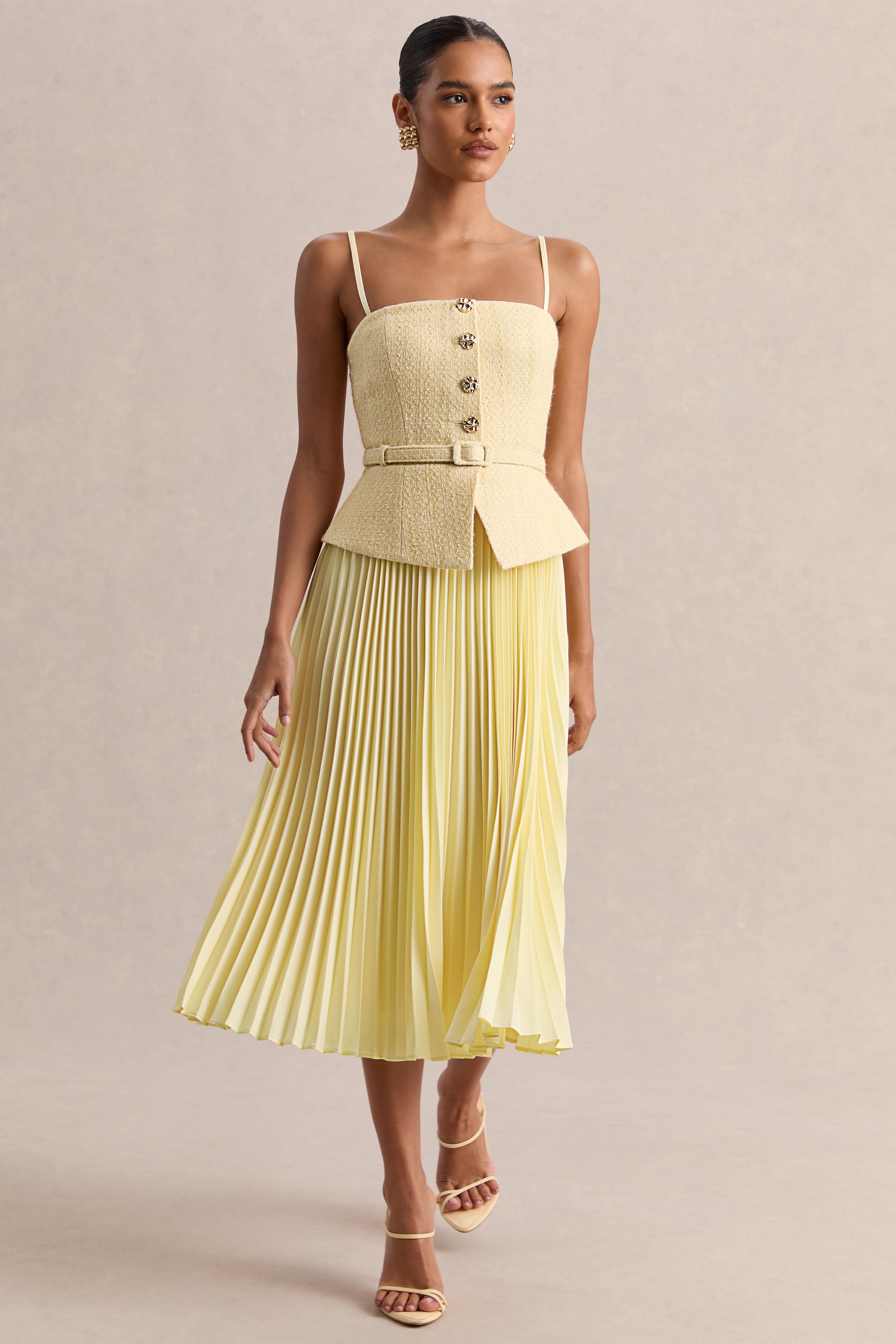 Lizzy | Lemon Square-Neck Midi Dress With Pleated-Skirt