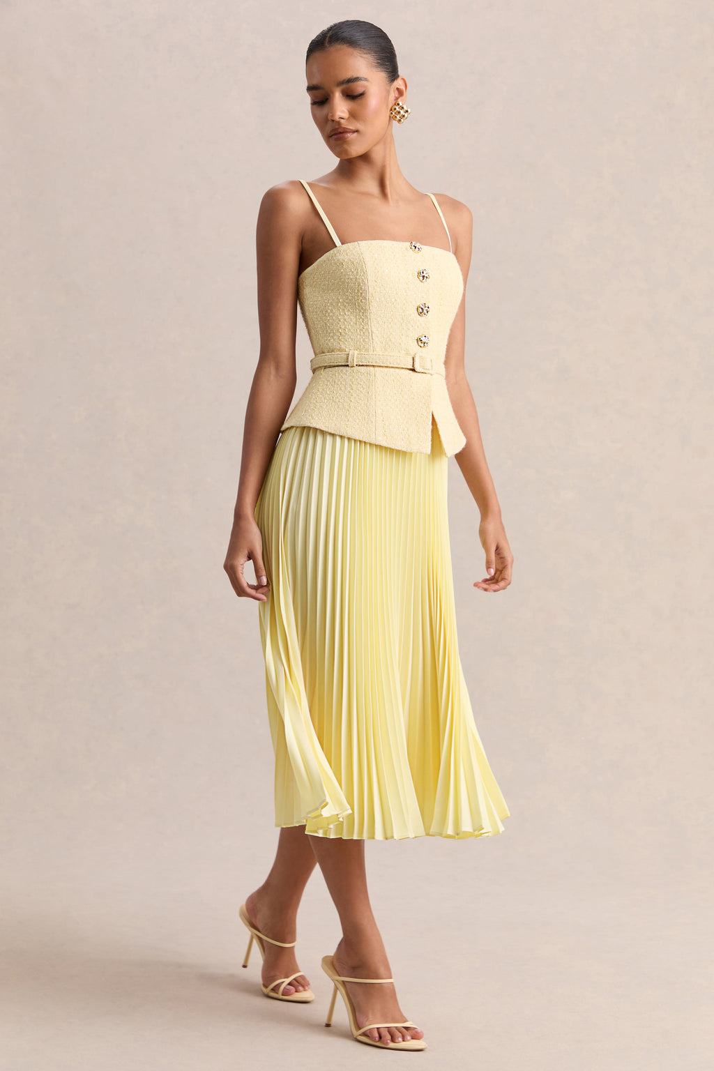 Lizzy | Lemon Square-Neck Midi Dress With Pleated-Skirt