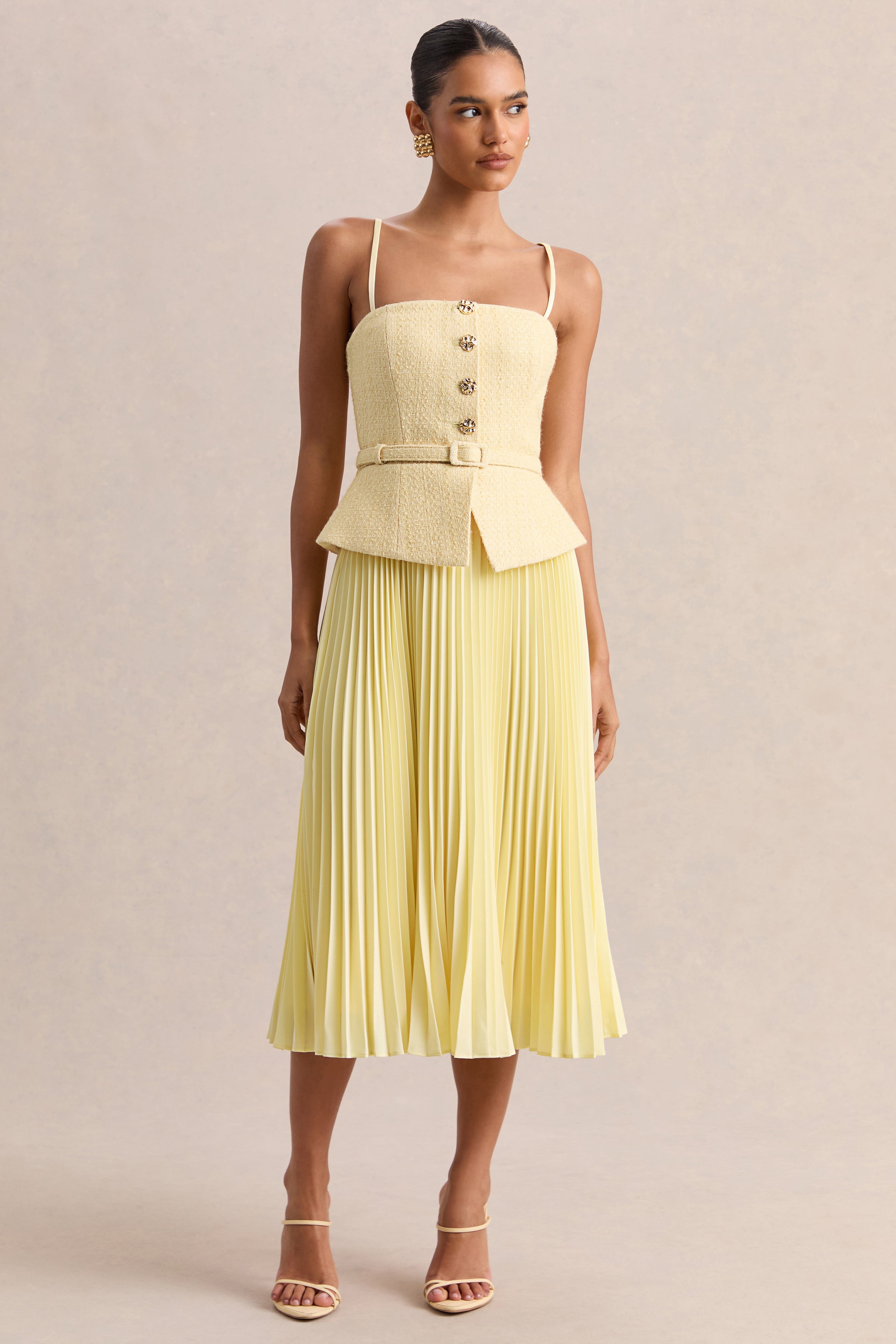 Lizzy | Lemon Square-Neck Midi Dress With Pleated-Skirt