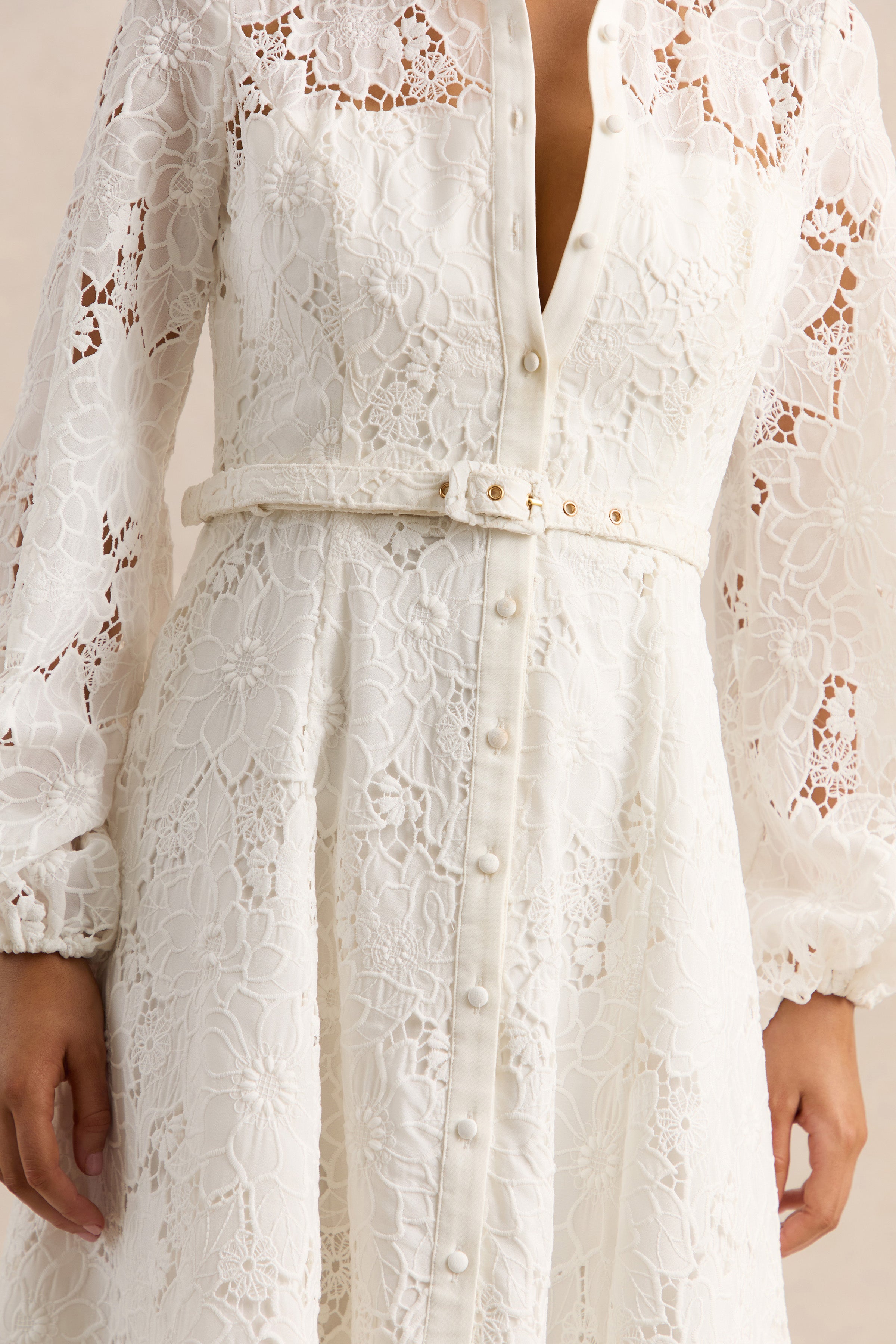 Jules | Cream Broderie High-Neck Tailored Midi Dress With Puff-Sleeves
