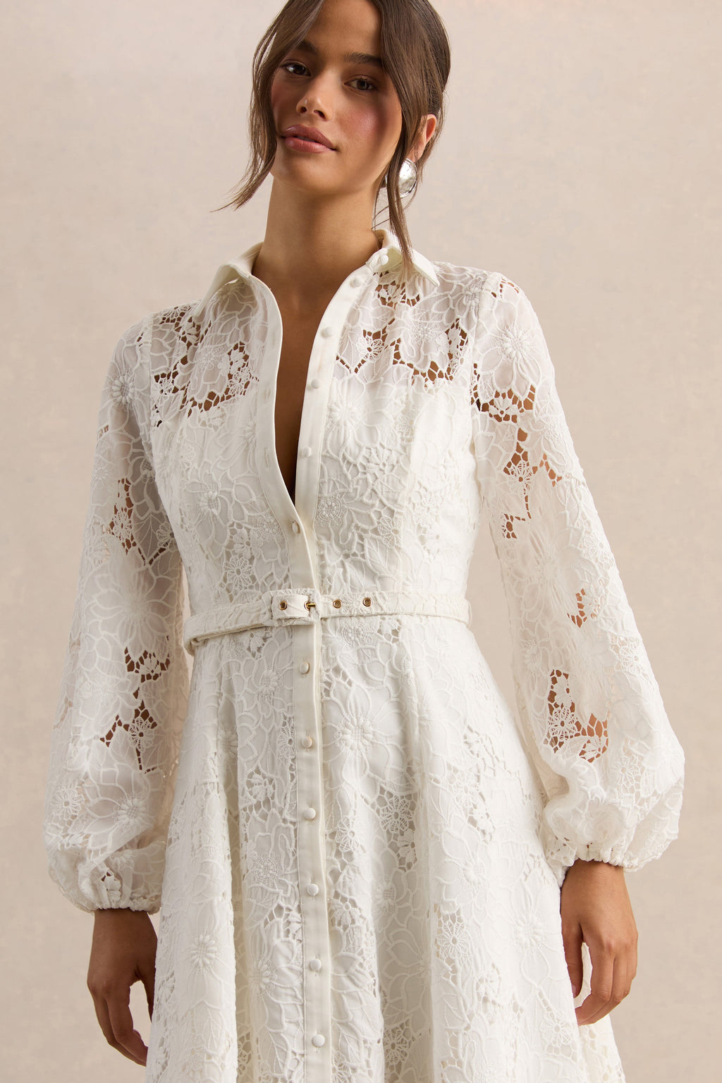 Jules | Cream Broderie High-Neck Tailored Midi Dress With Puff-Sleeves