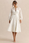 Jules | Cream Broderie High-Neck Tailored Midi Dress With Puff-Sleeves