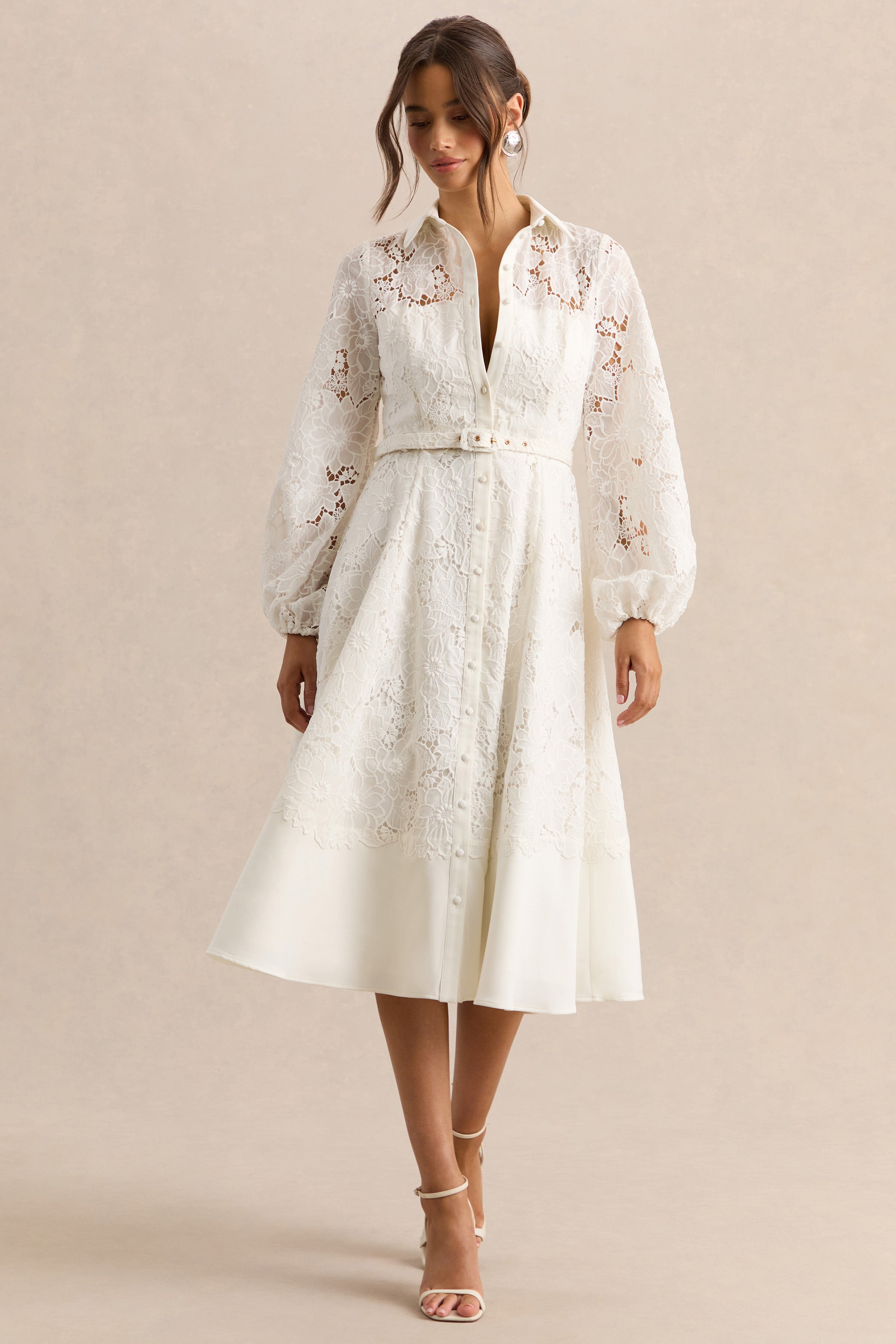 Jules | Cream Broderie High-Neck Tailored Midi Dress With Puff-Sleeves