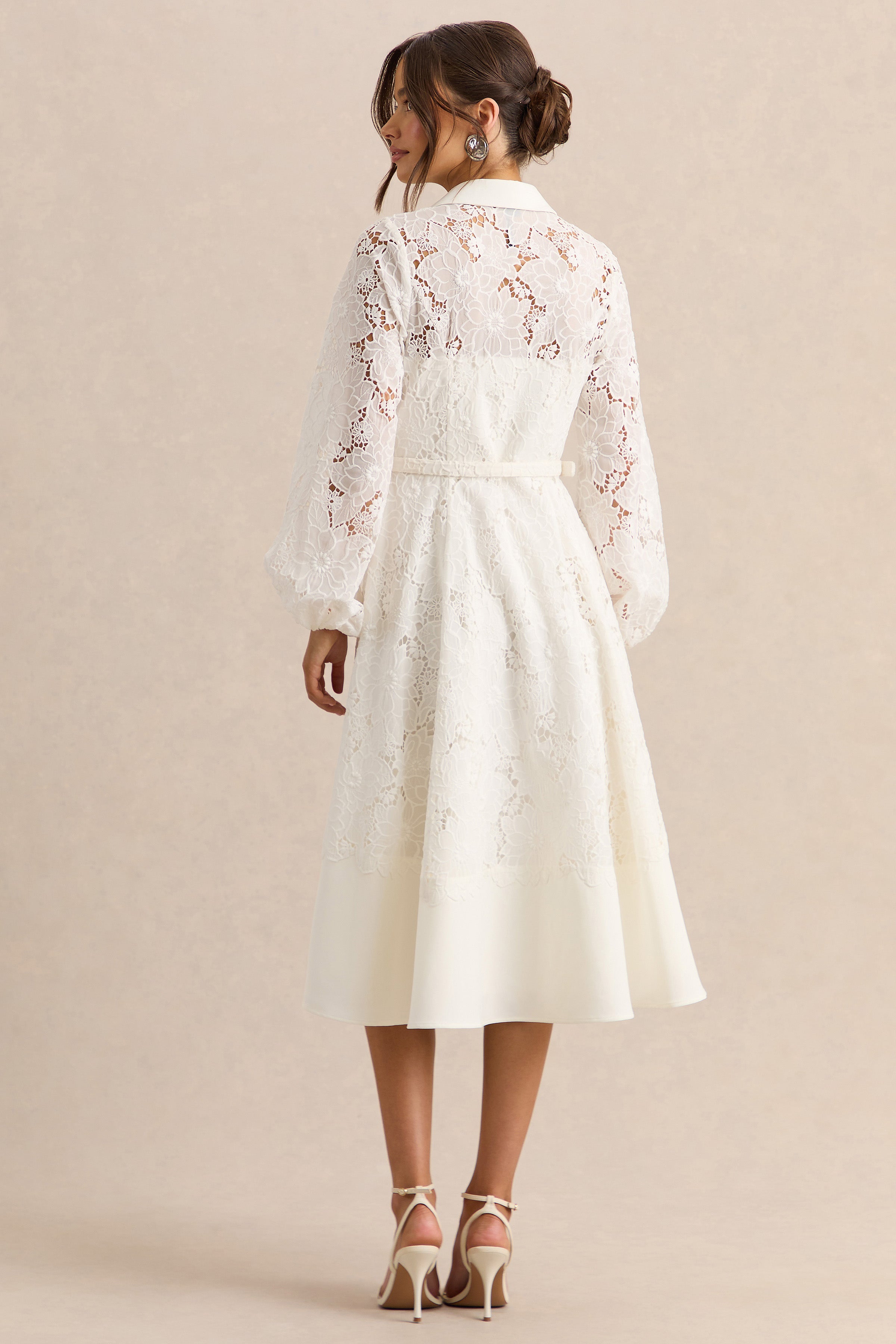 Jules | Cream Broderie High-Neck Tailored Midi Dress With Puff-Sleeves