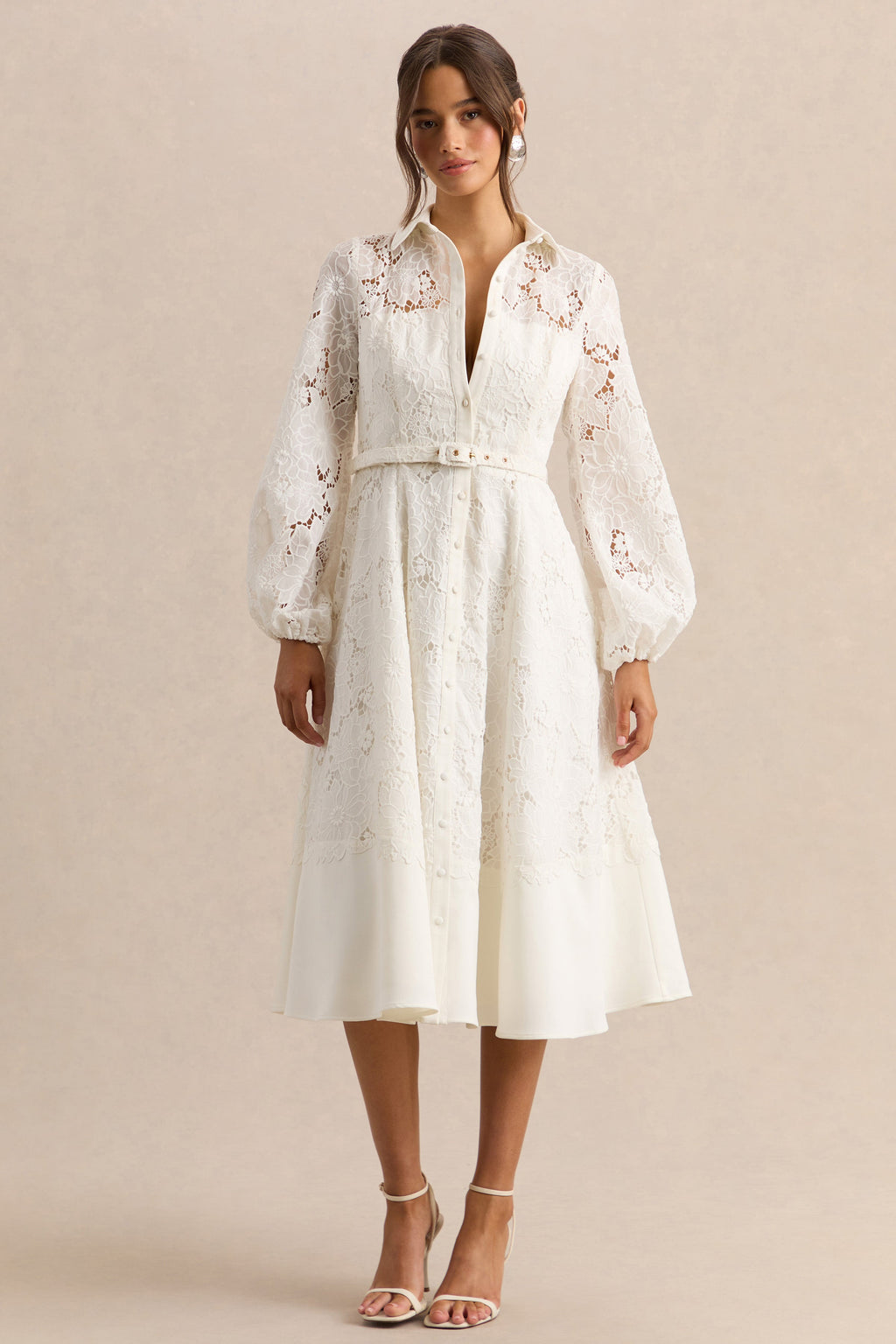 Jules | Cream Broderie High-Neck Tailored Midi Dress With Puff-Sleeves