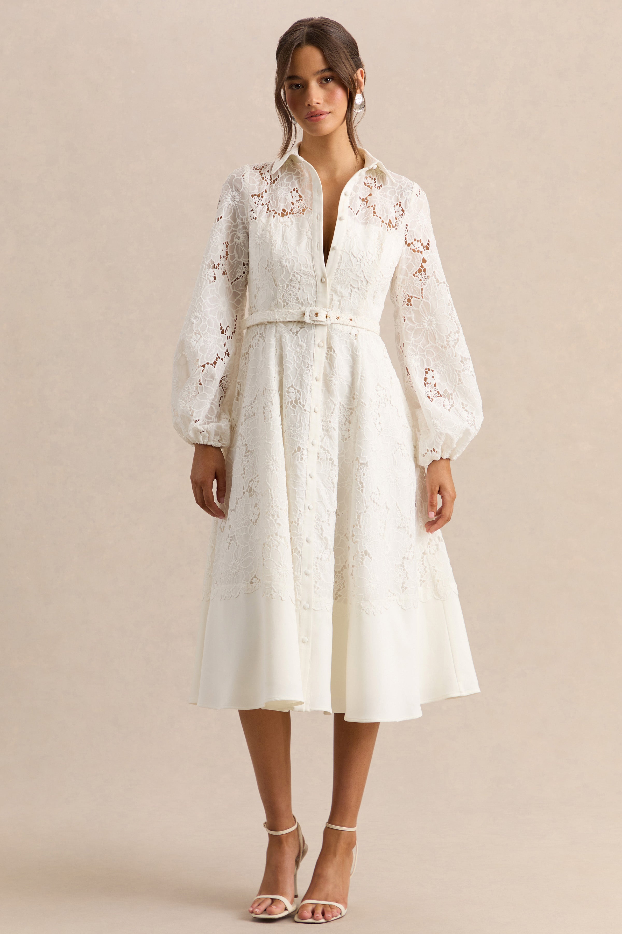 Jules | Cream Broderie High-Neck Tailored Midi Dress With Puff-Sleeves