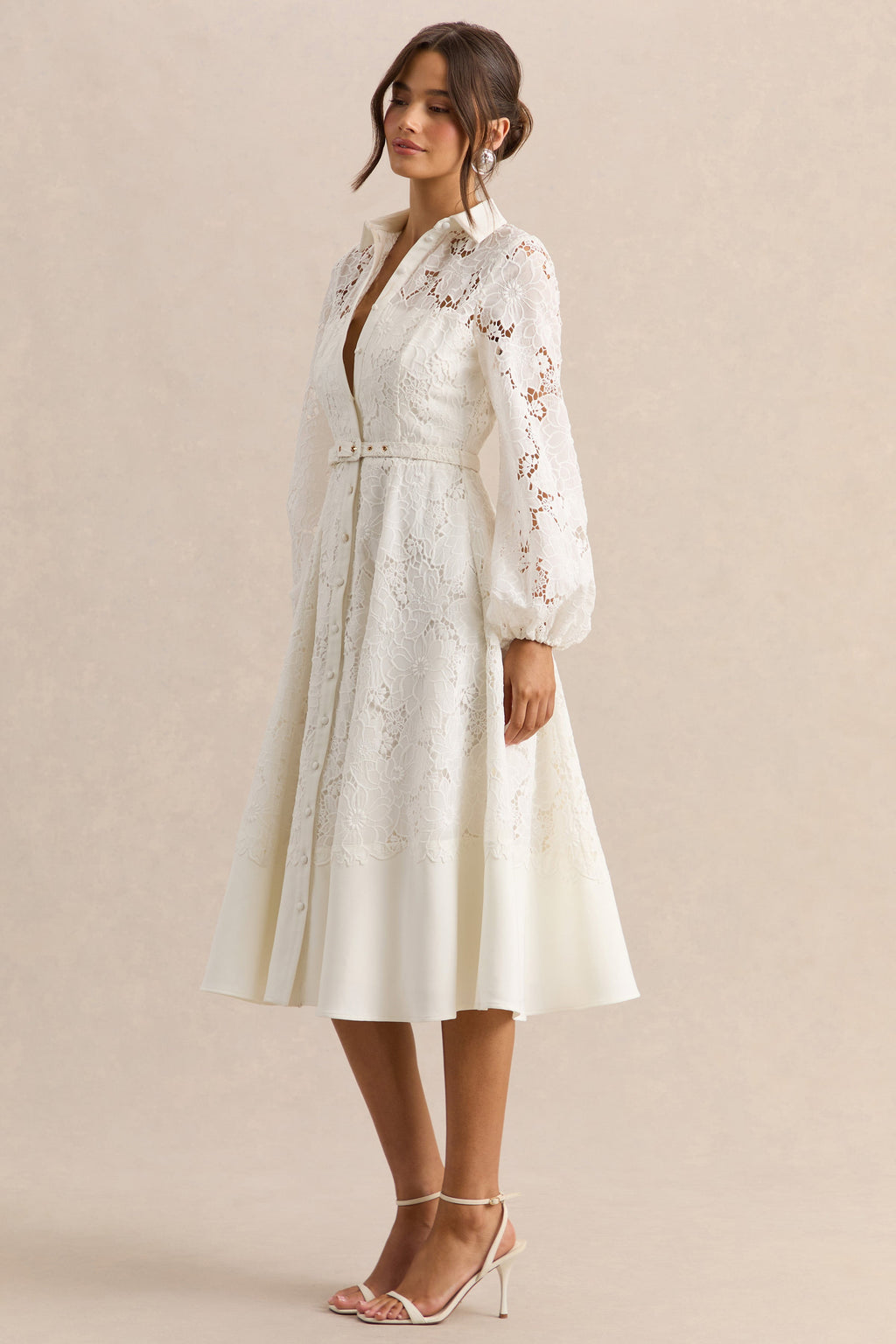 Jules | Cream Broderie High-Neck Tailored Midi Dress With Puff-Sleeves