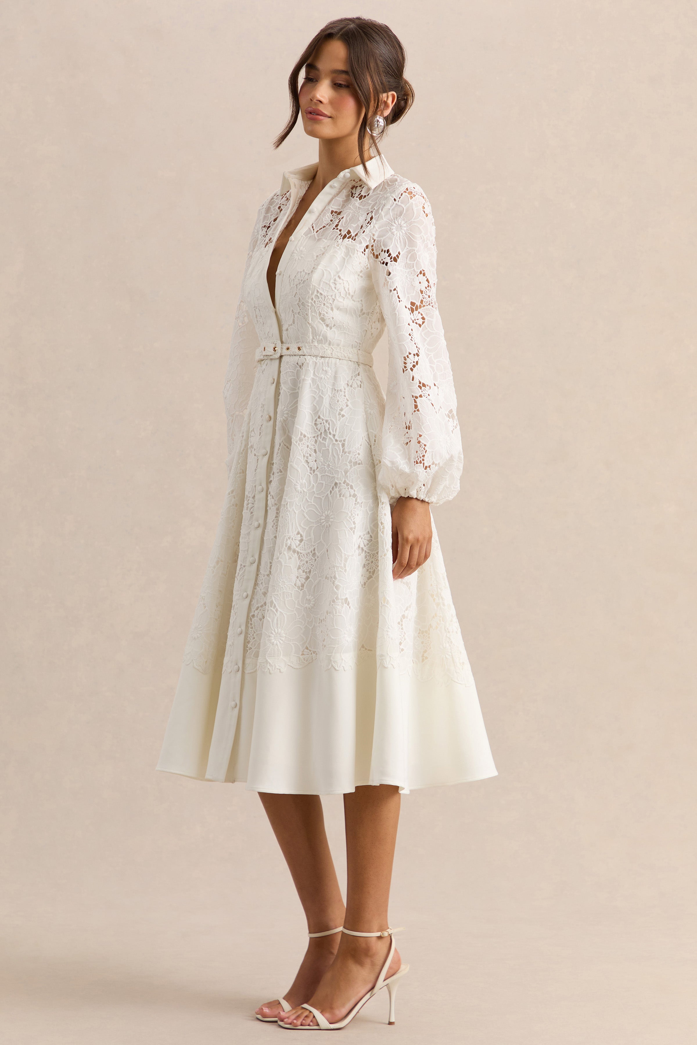 Jules | Cream Broderie High-Neck Tailored Midi Dress With Puff-Sleeves