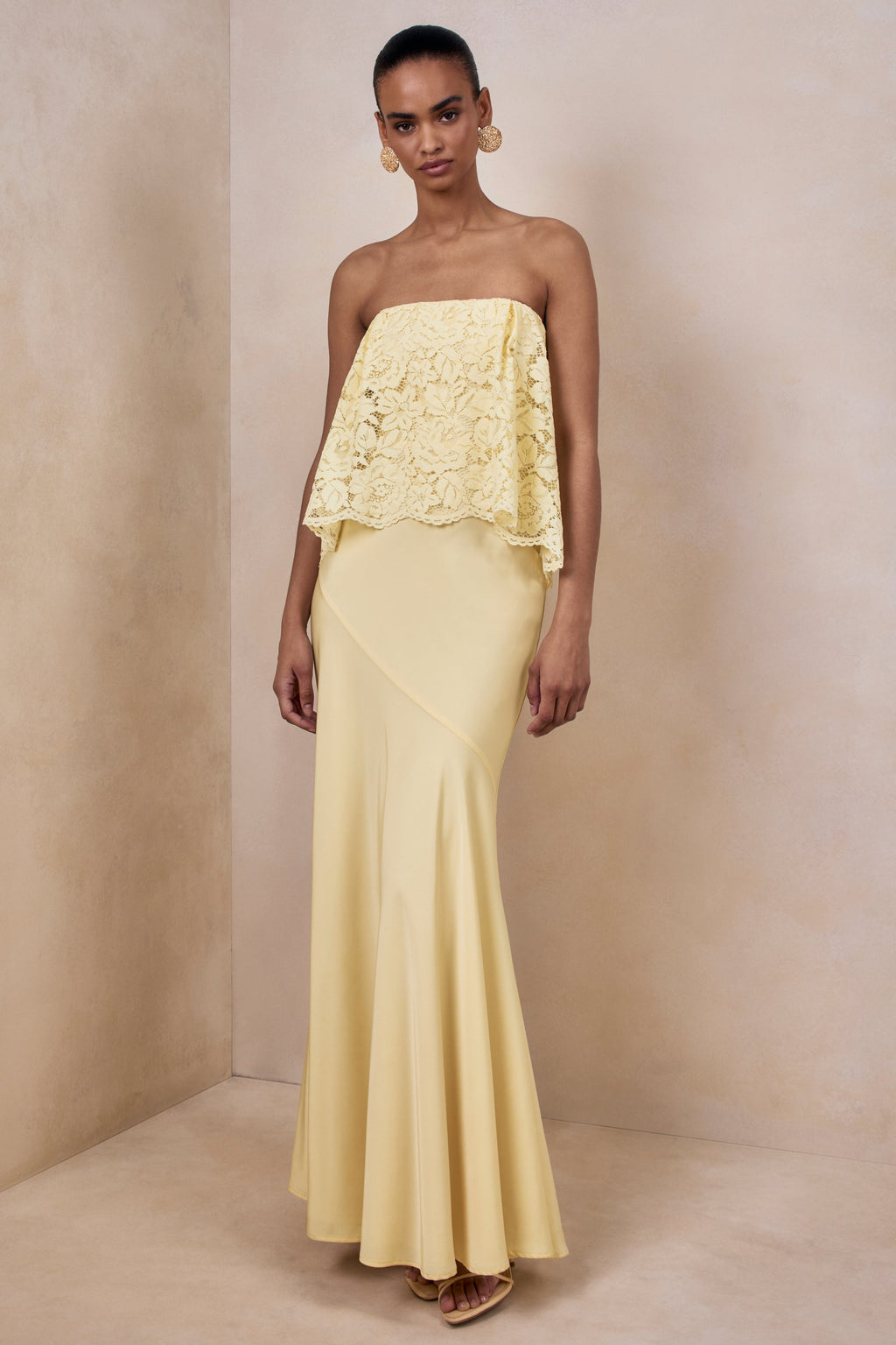 Clemency | Lemon Lace And Matte Satin Bandeau Maxi Dress