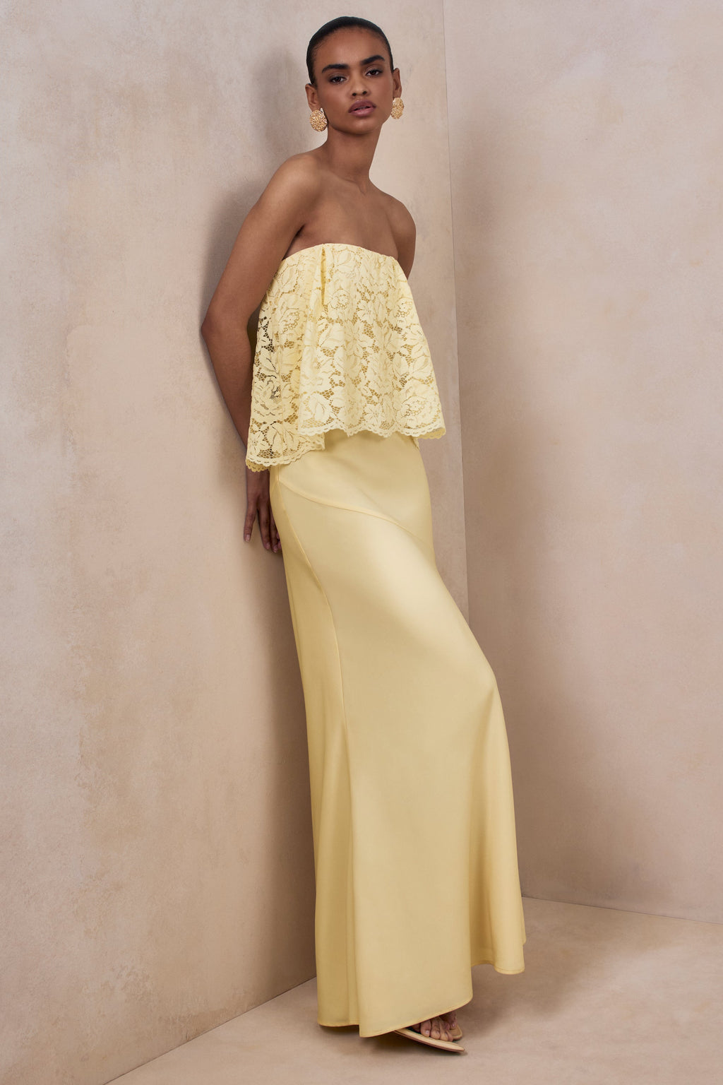 Clemency | Lemon Lace And Matte Satin Bandeau Maxi Dress