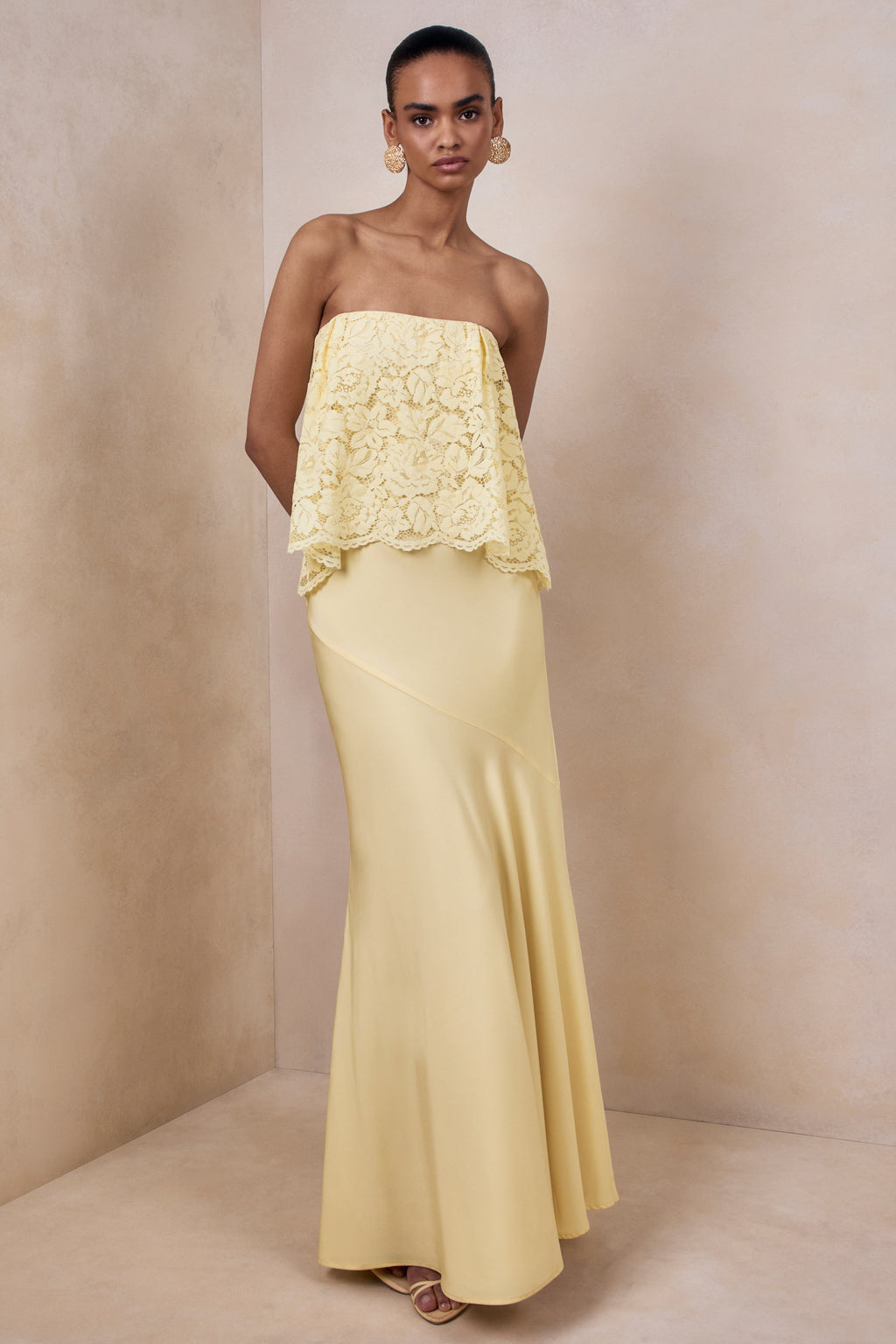 Clemency | Lemon Lace And Matte Satin Bandeau Maxi Dress